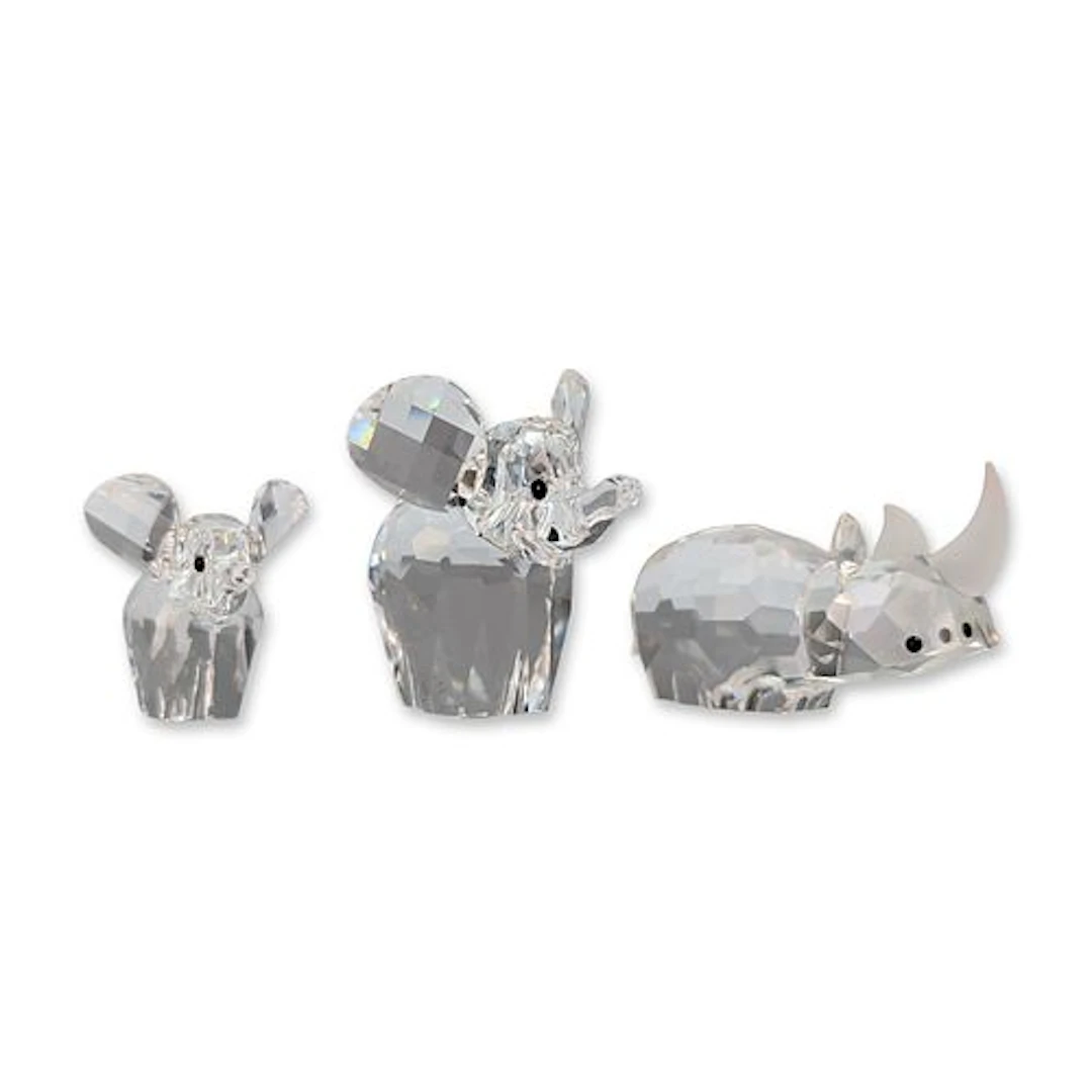 3pc Swarovski Silver Crystal Miniature Baby Elephants and Rhinoceros Figurines