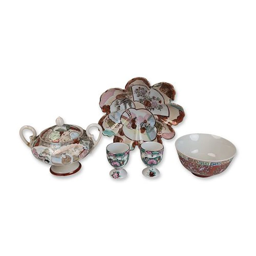 5pc Asian Enamelled Porcelain and Satsuma Style Tableware