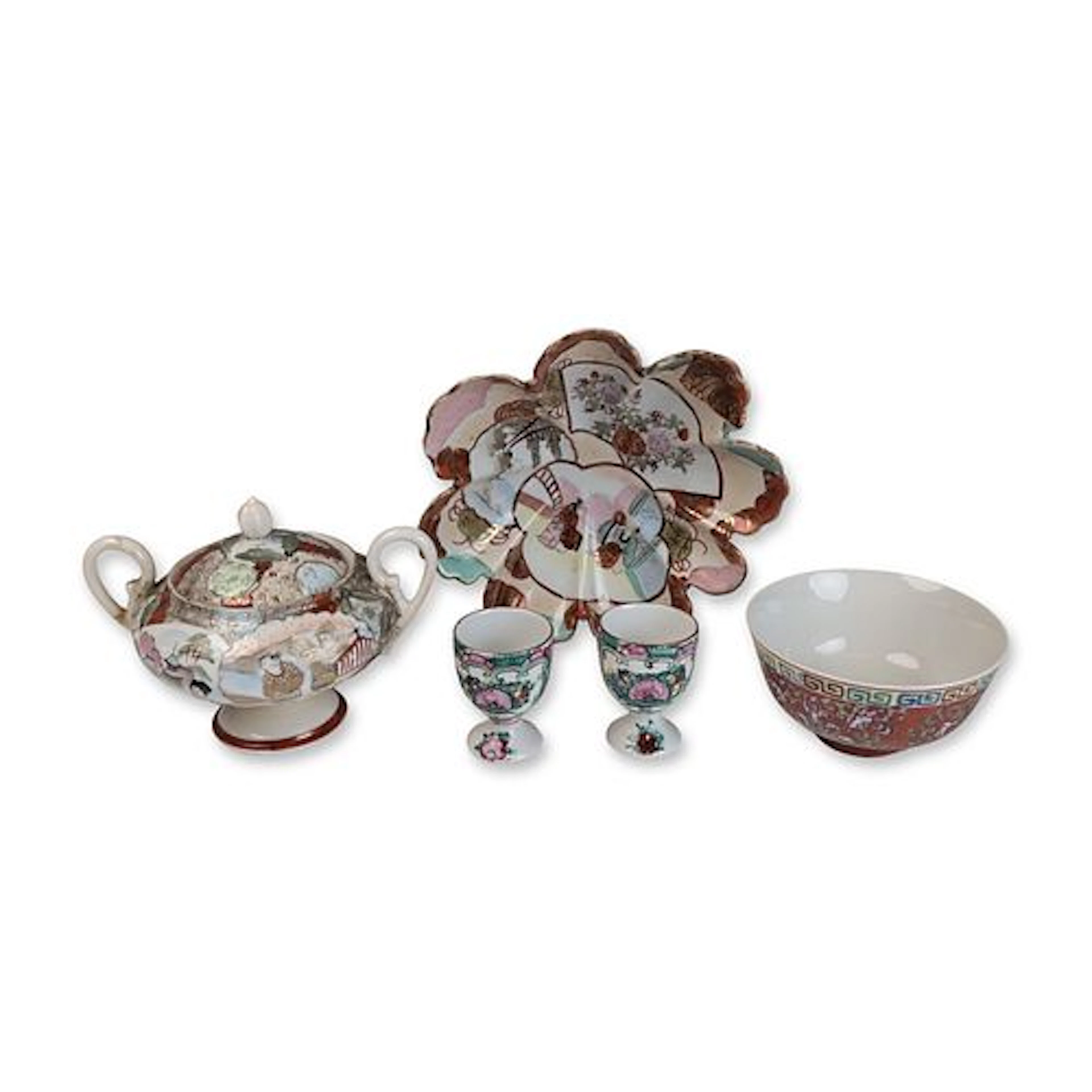 5pc Asian Enamelled Porcelain and Satsuma Style Tableware