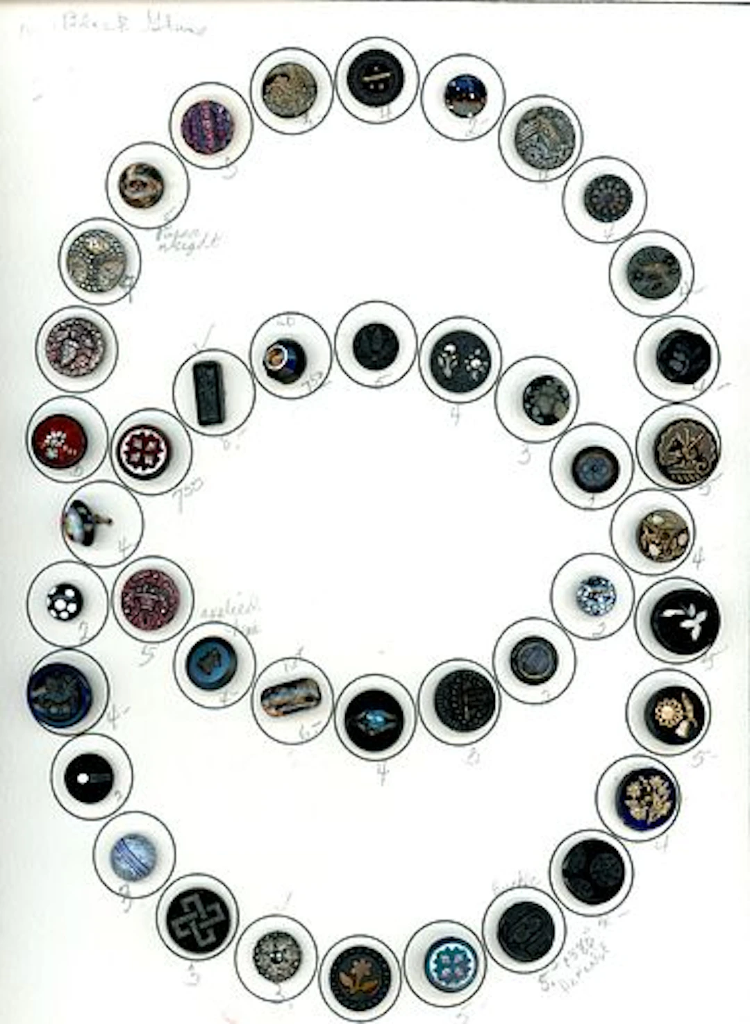 A CARD OF DIVISION ONE ASSORTED BLACK GLASS BUTTONS