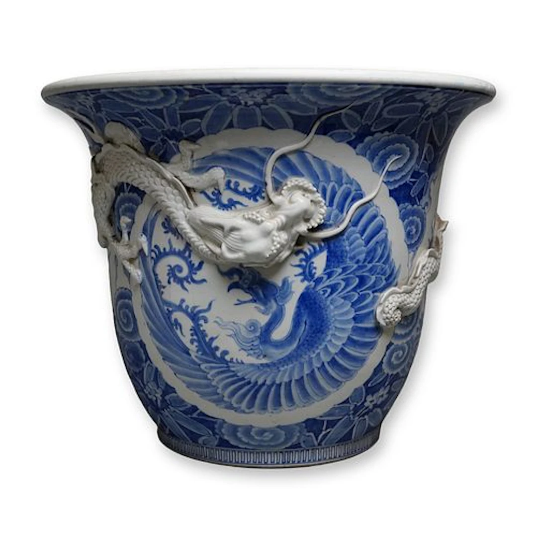 Japanese Blue and White Arita Jardiniere w/ Raised Dragon