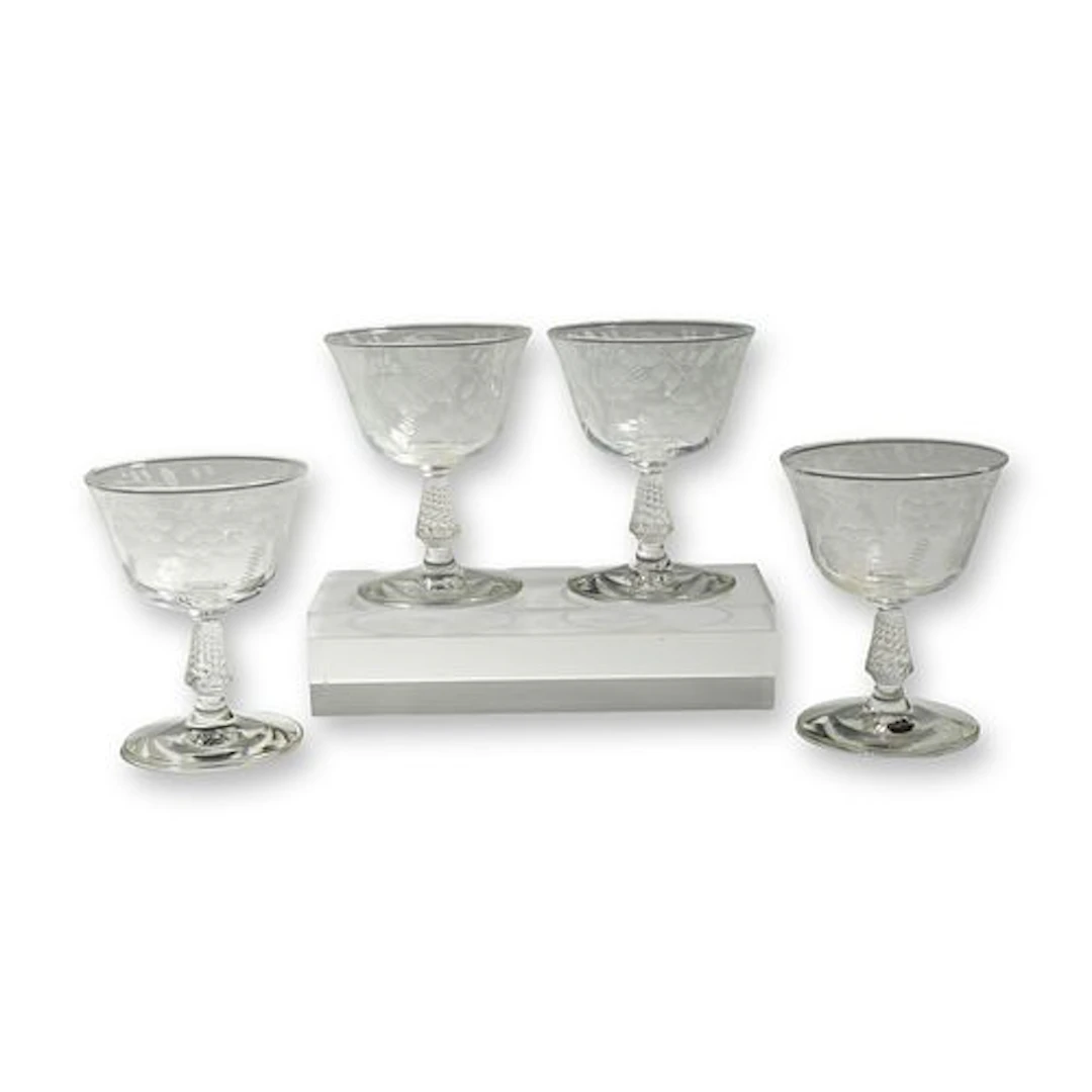 4pc Rock Sharpe Crystal Etched Floral Champagne Coupes