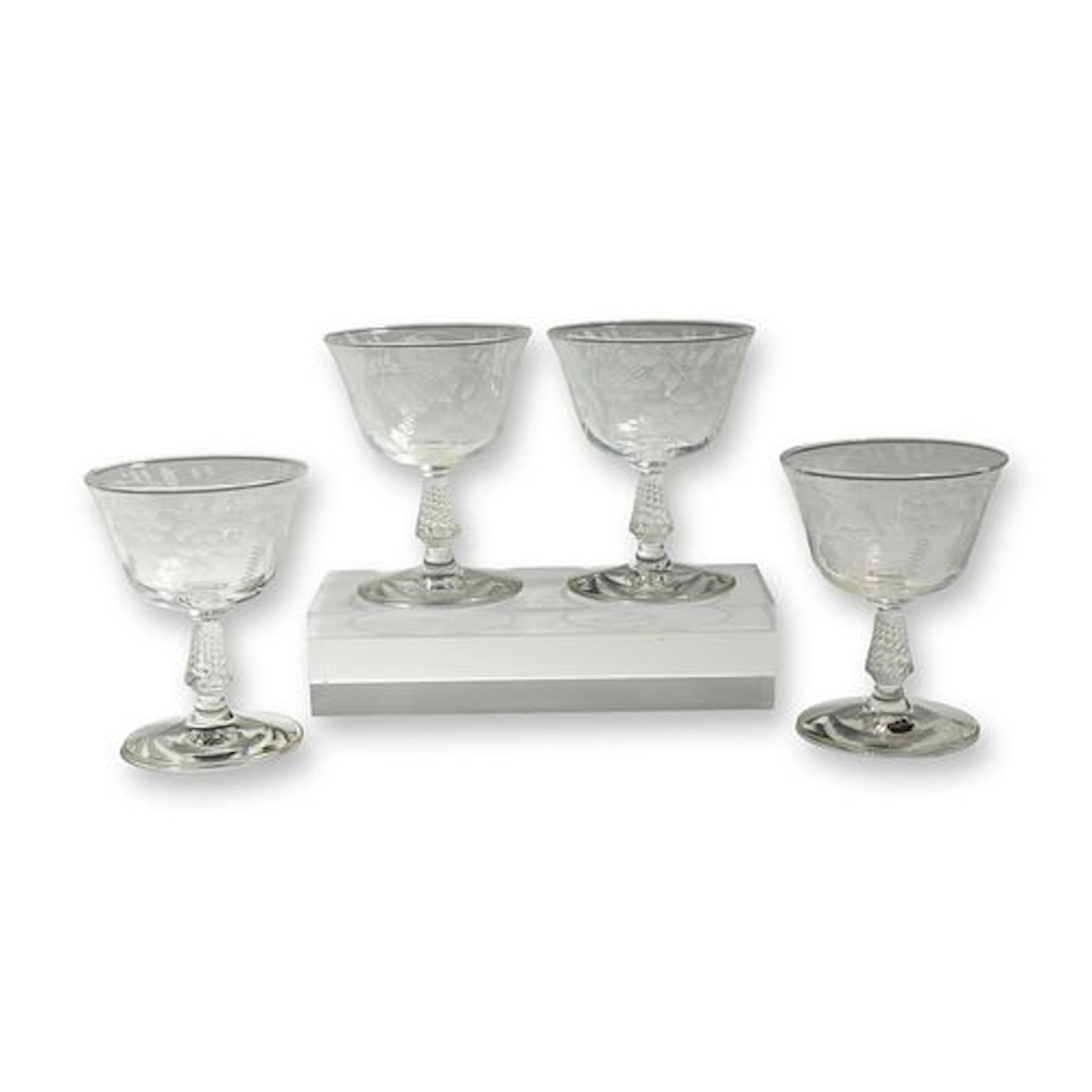4pc Rock Sharpe Crystal Etched Floral Champagne Coupes