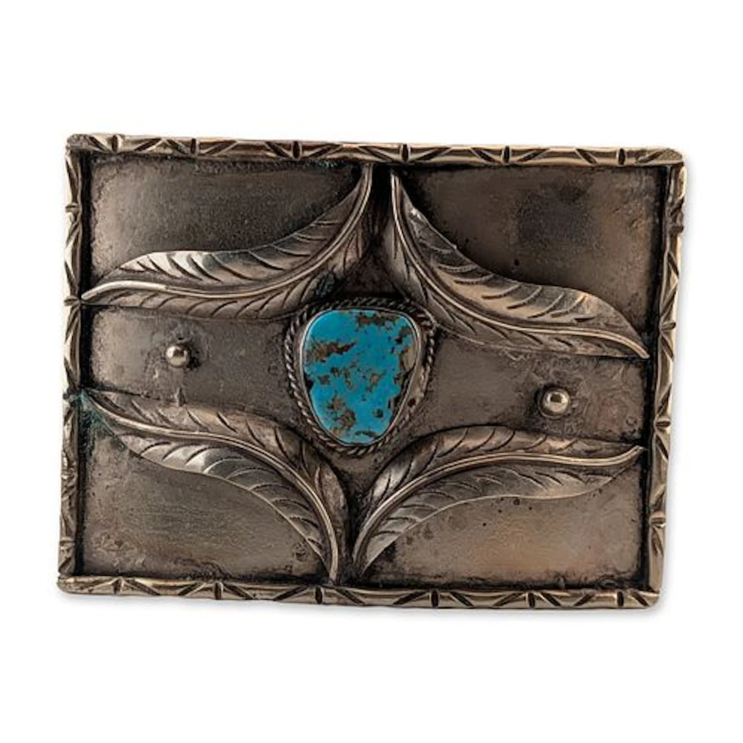 Navajo Style Silver Tone Metal and Turquoise Belt Buckle