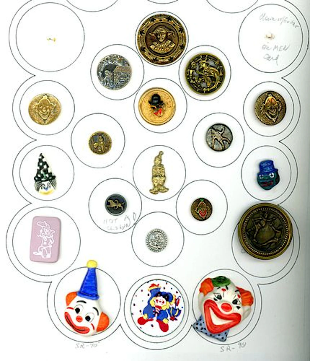 A CARD OF DIVISION ONE AND THREE CLOWN BUTTONS