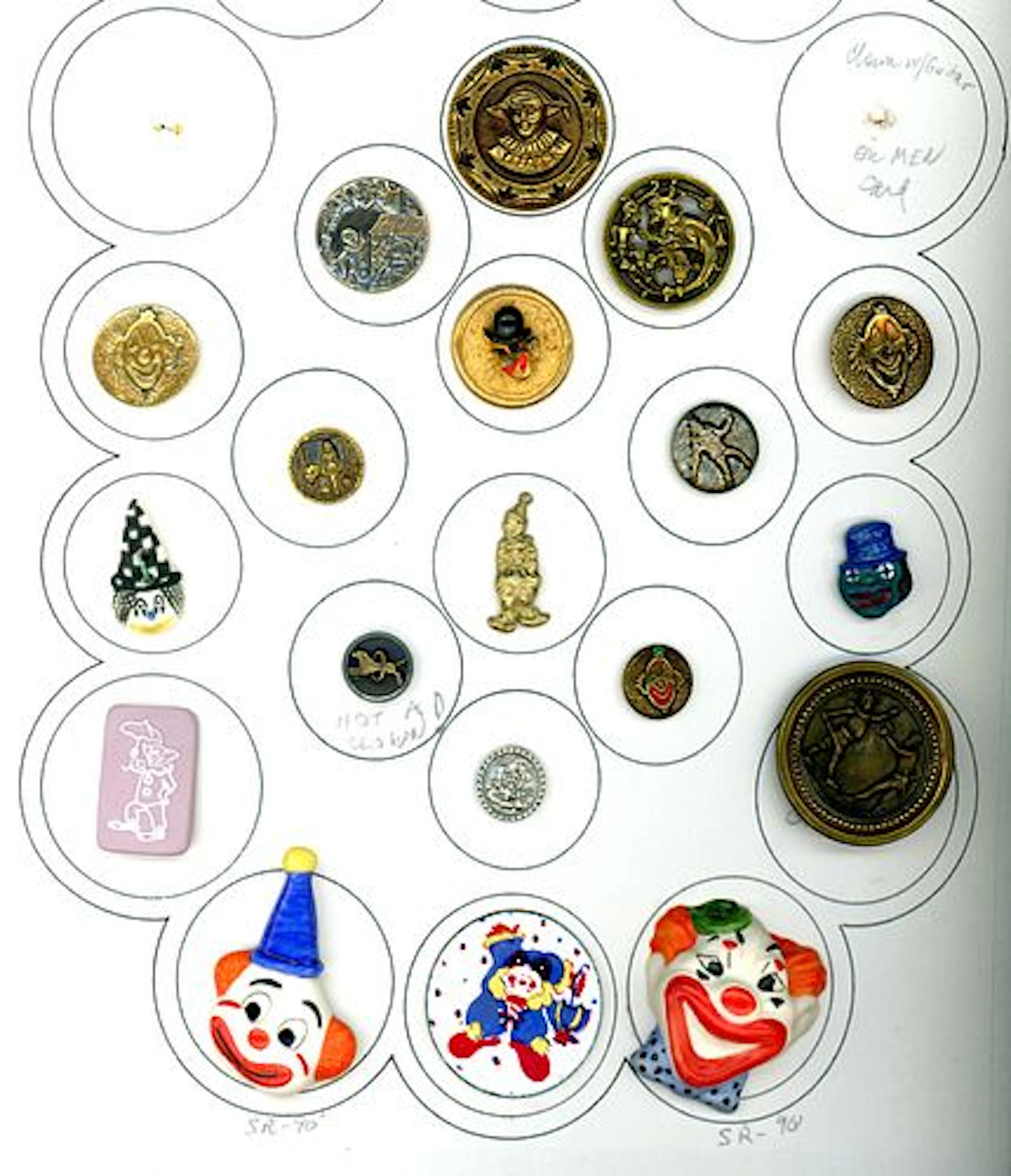 A CARD OF DIVISION ONE AND THREE CLOWN BUTTONS