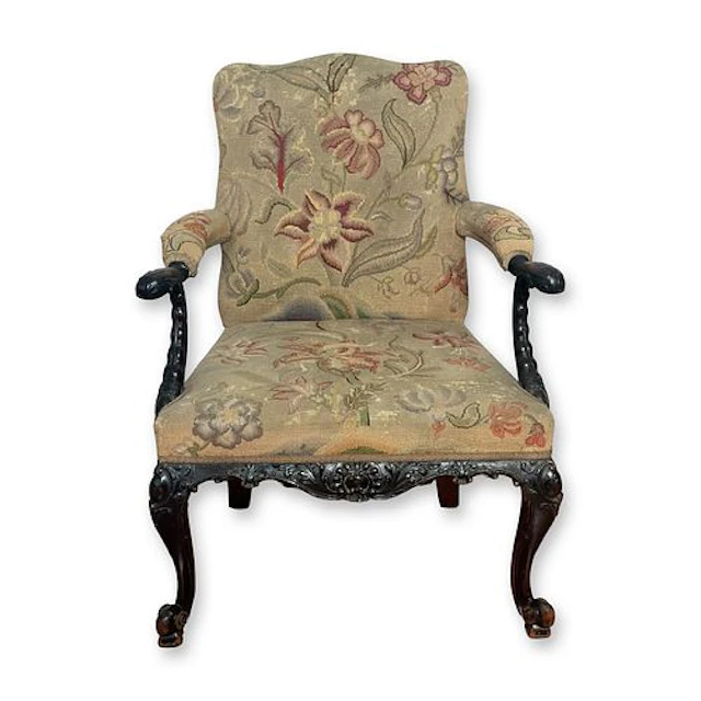 English 19th Century Chippendale-Style Armchair with Floral Upholstery