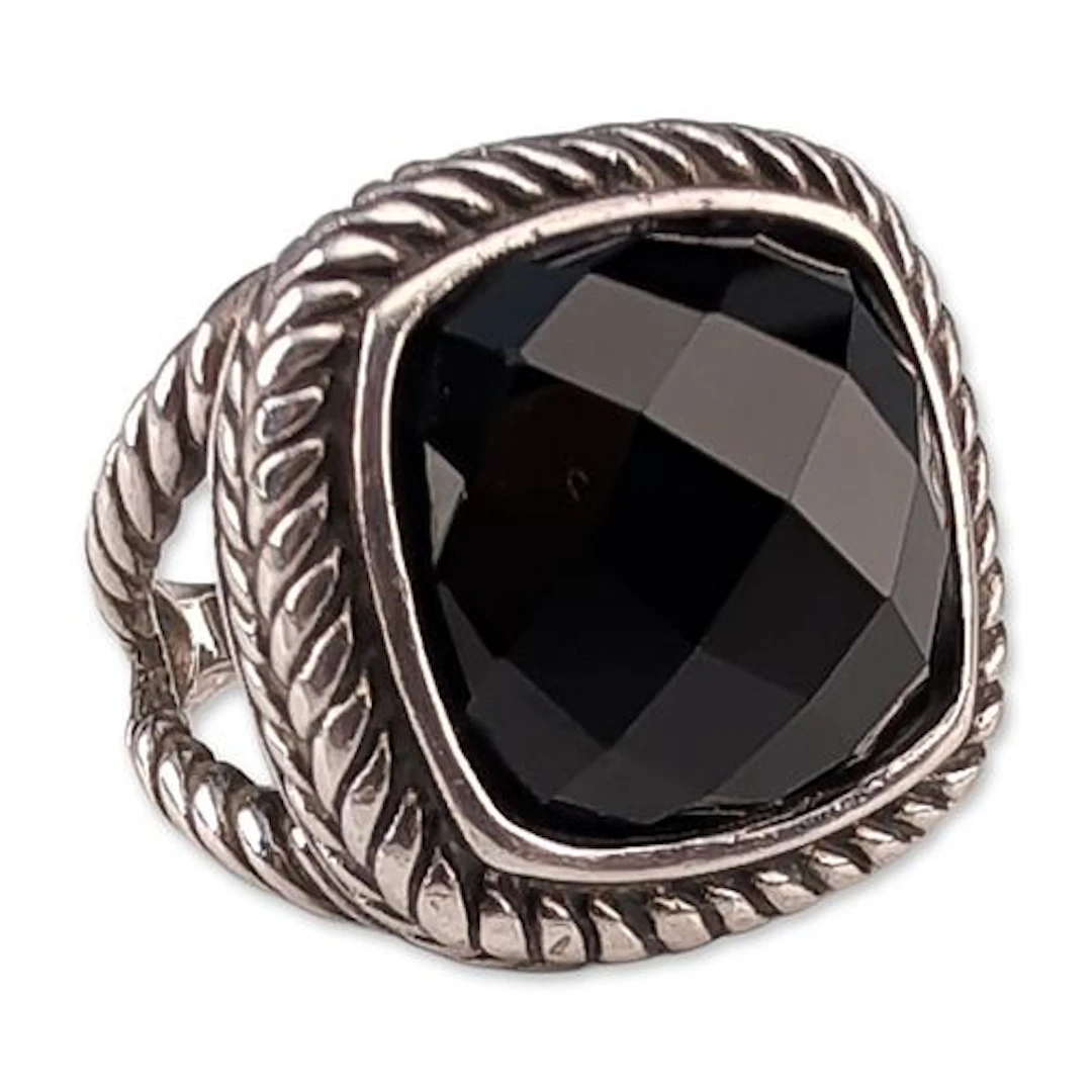 Sterling Silver and Black Onyx Cable Motif Ring