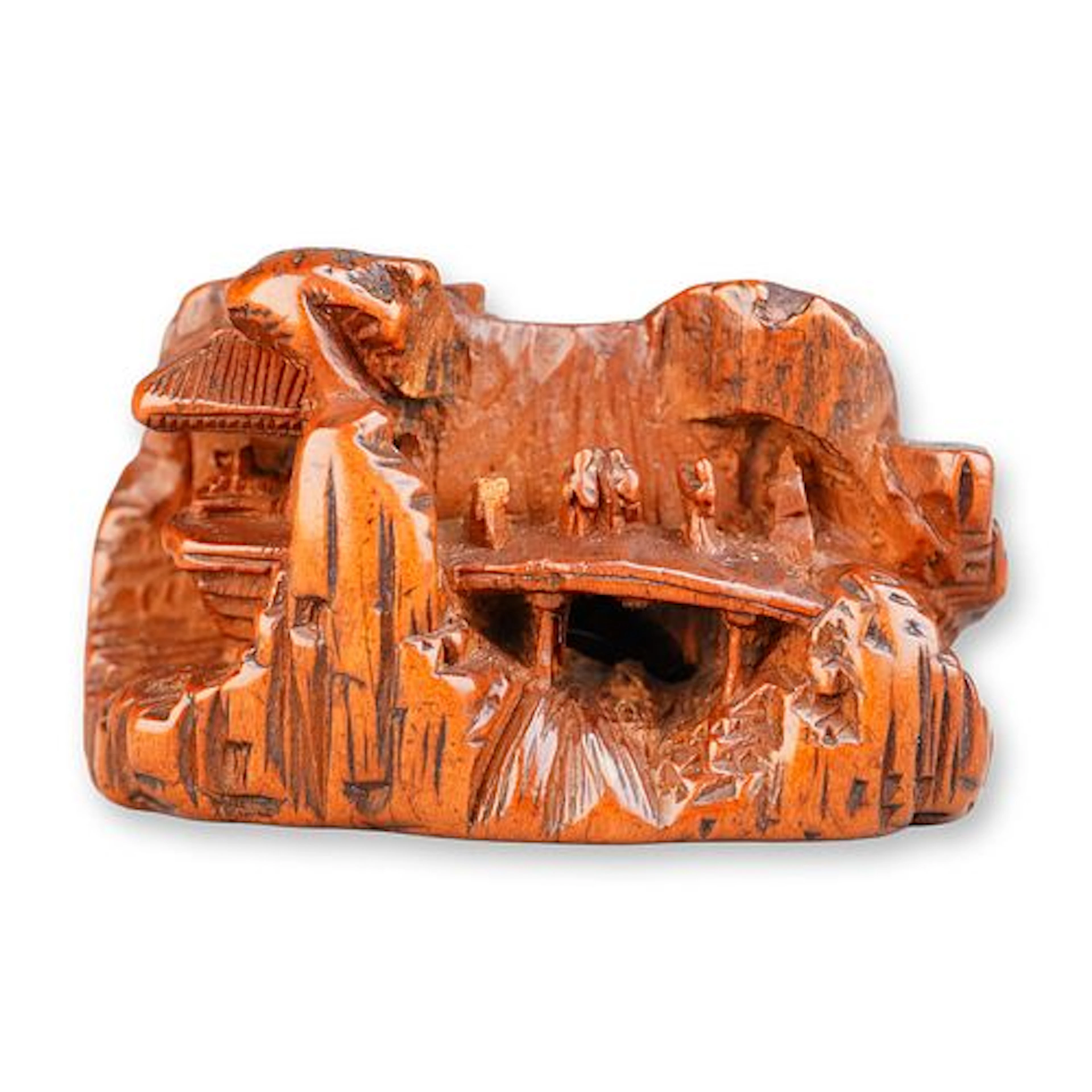 Wood Netsuke, Village Scene & Mountain Signed Yasunaga