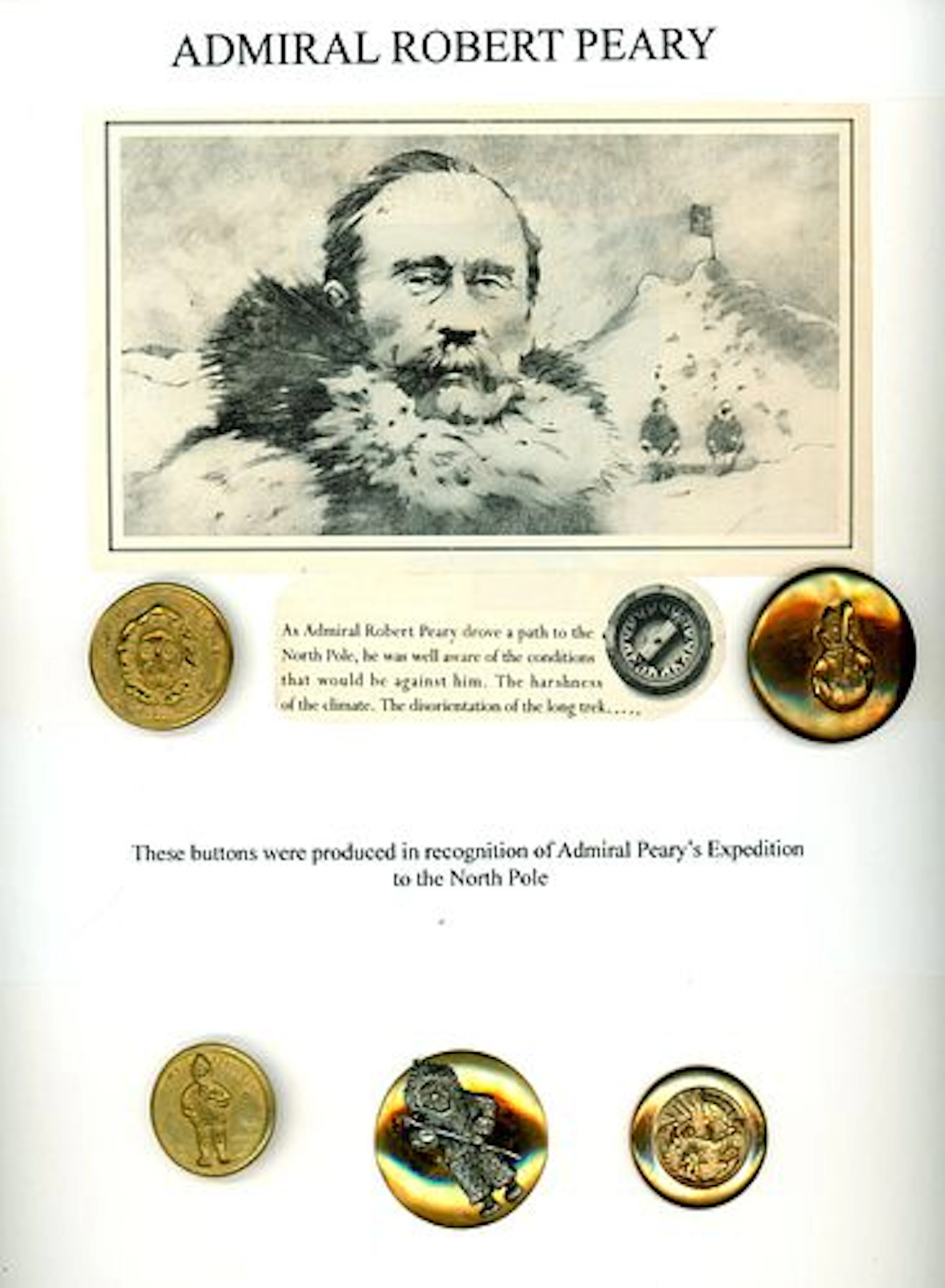 A CARD OF DIVISION ONE NORTH POLE EXPEDITION BUTTONS