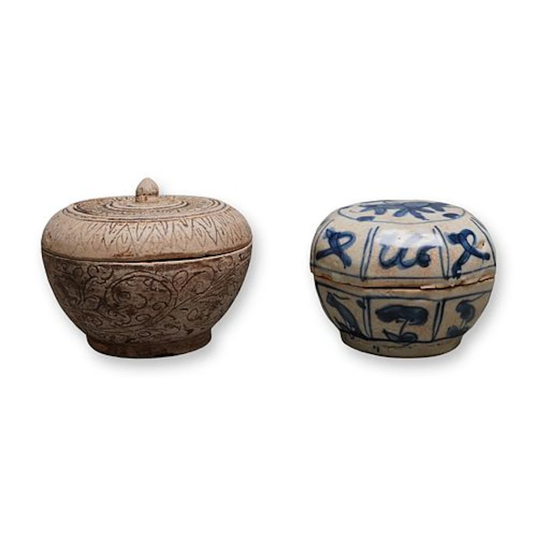 2pc Southeast Asian Glazed and Incised Stoneware Covered Boxes