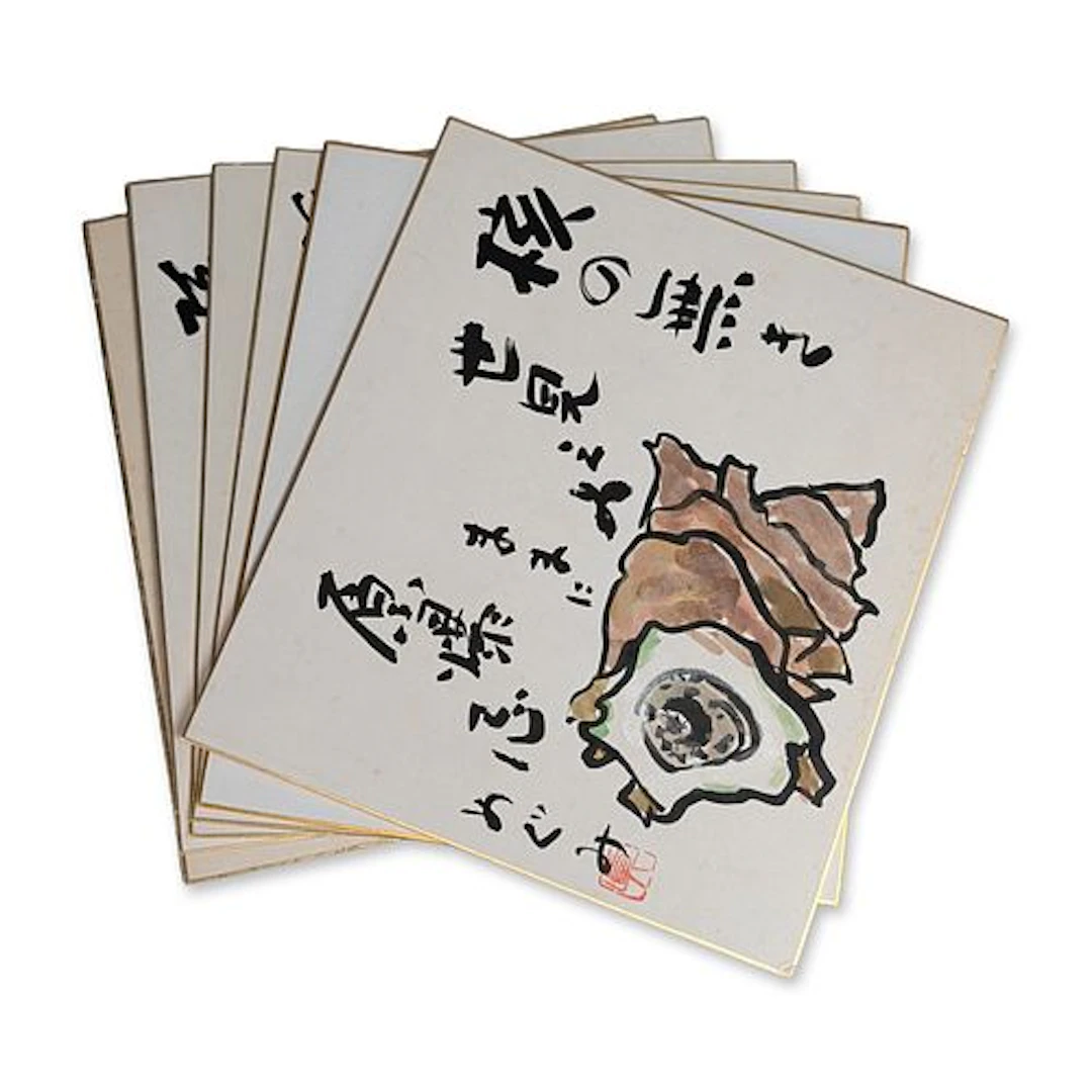 6pc Japanese Shikishi Calligraphy and Wash Paintings