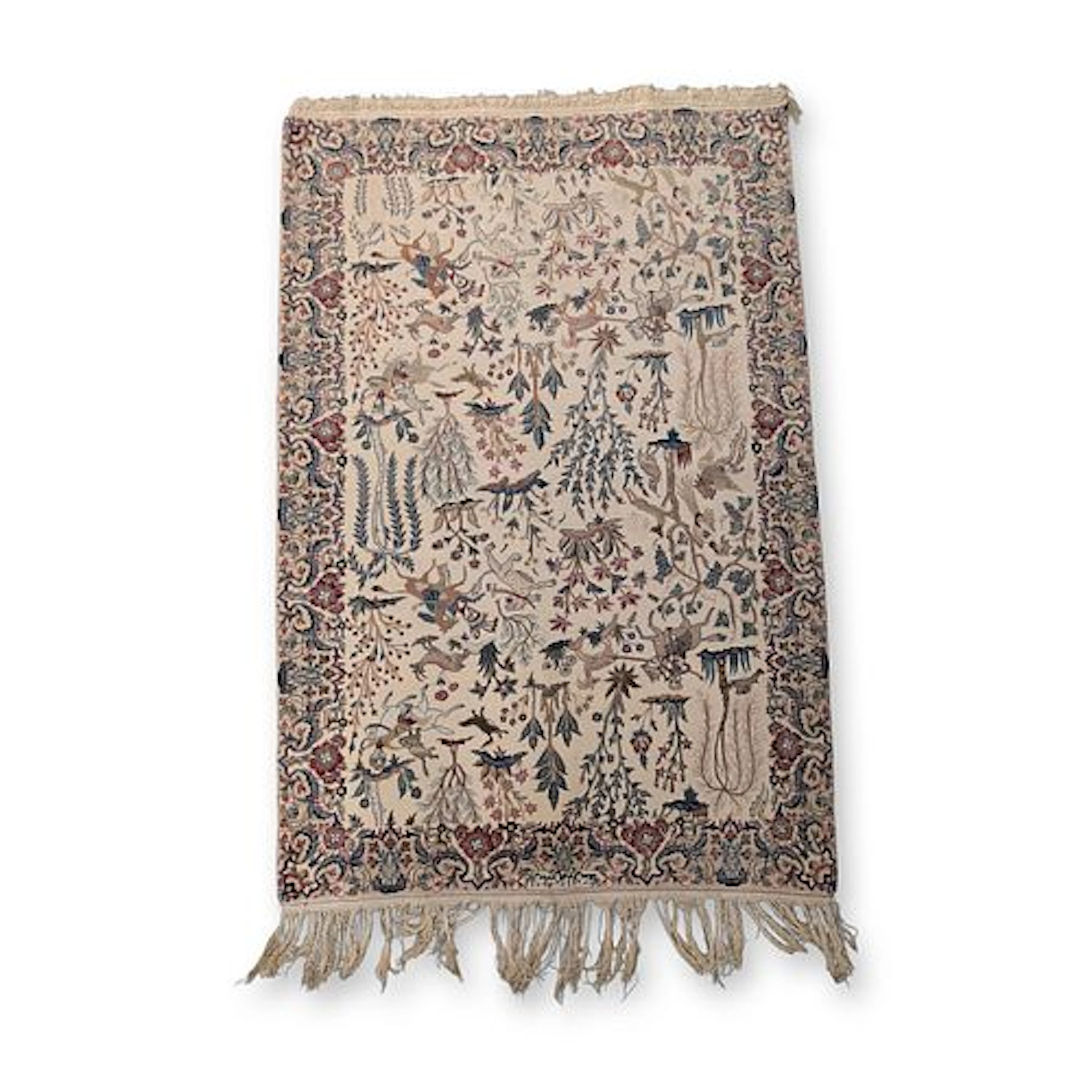 Iran Nain Silk and Wool Rug Pictorial Hunting Scene w/ Cartouche