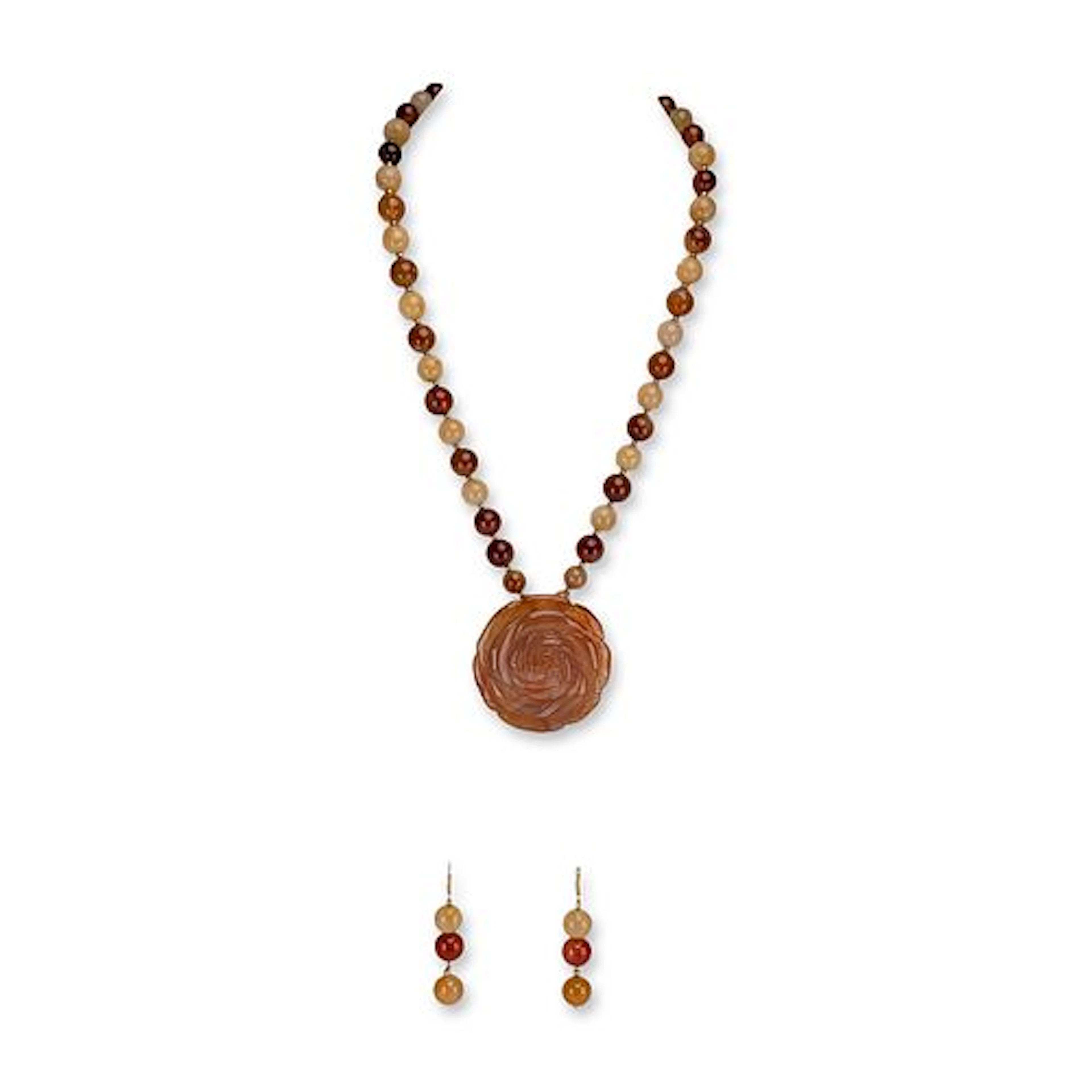 2pc Carved Carnelian Rose and Agate Jewelry Set