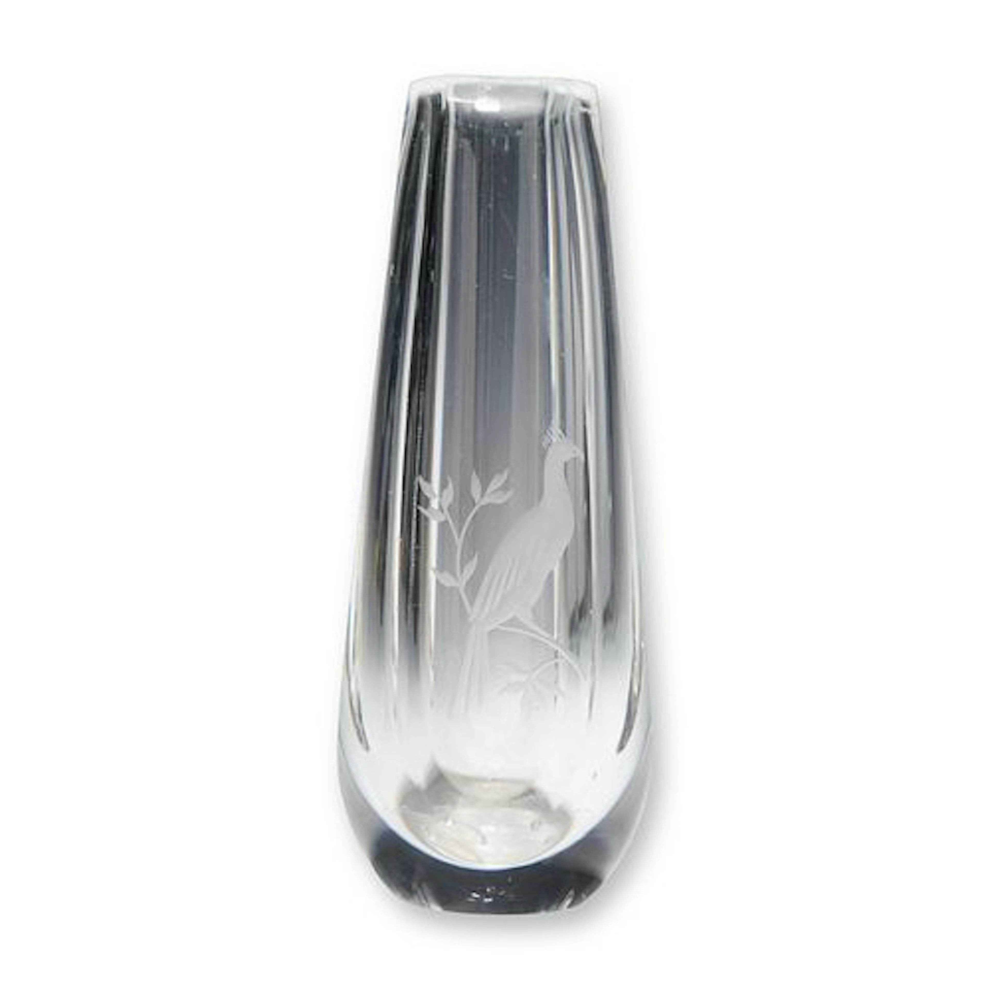 Orrefors Clear Crystal Faceted Bud Vase with Etched Bird