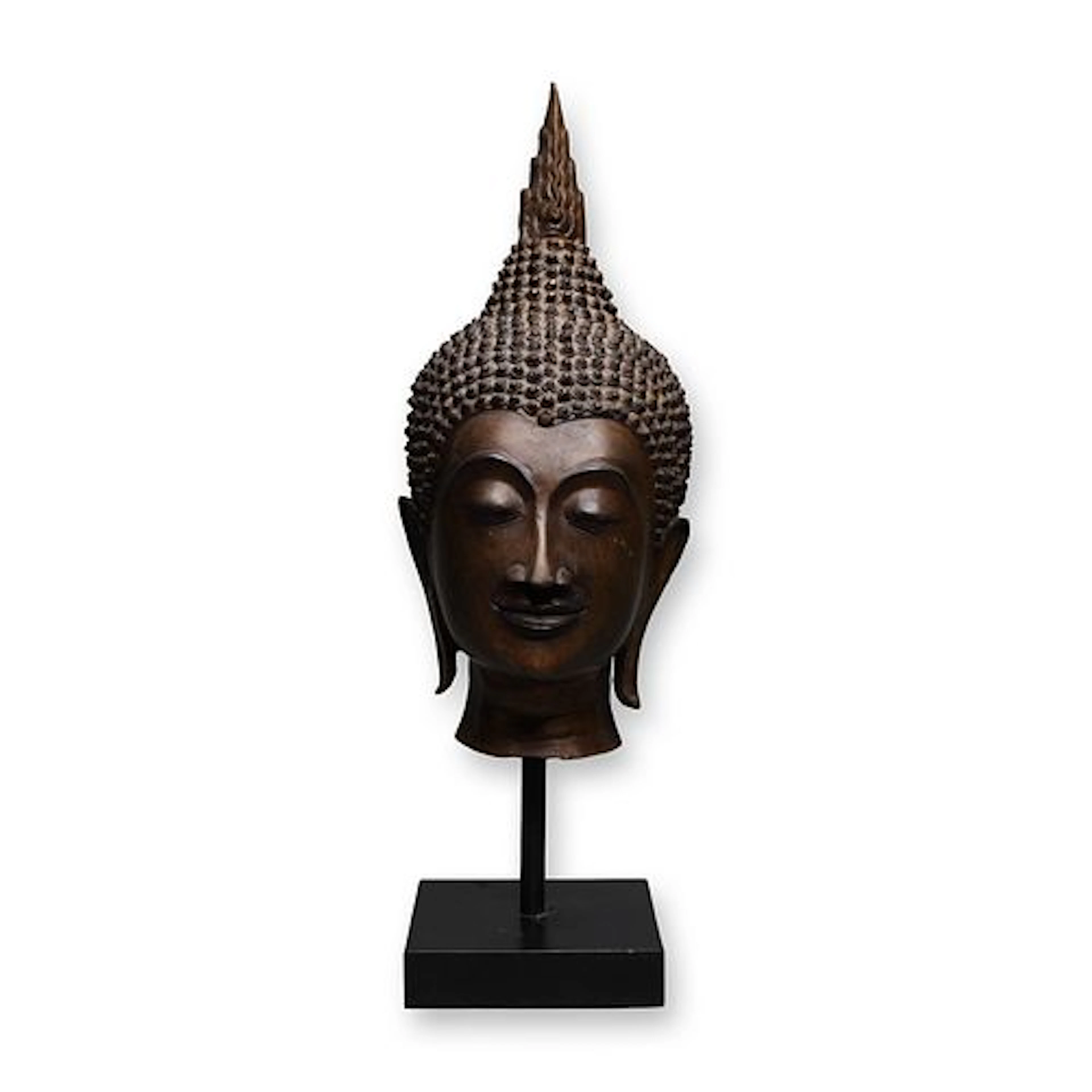 Thai Bronze Buddha Head Sculpture on Display Stand