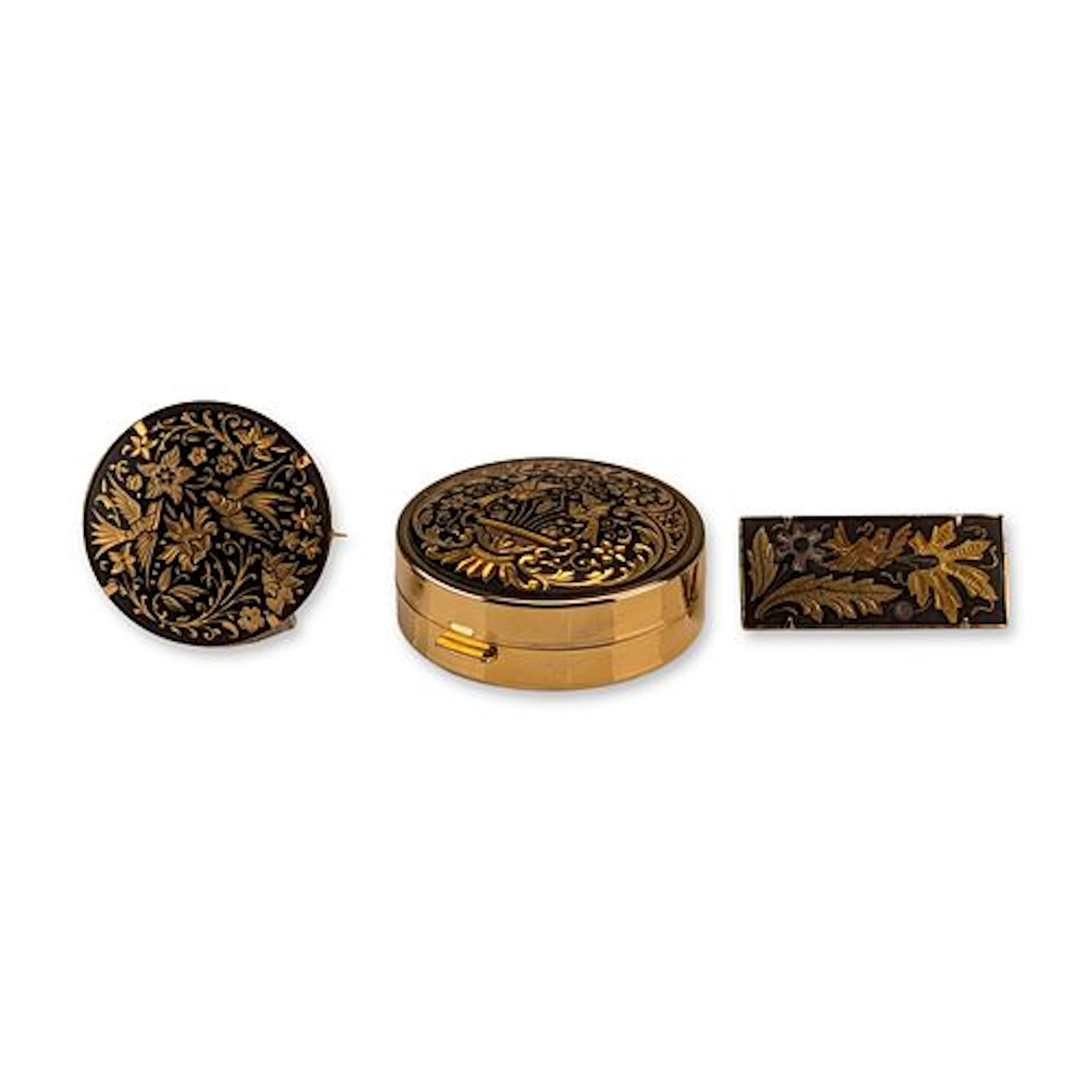 3pc Spanish Damascene Toledo Brooches and Pillbox