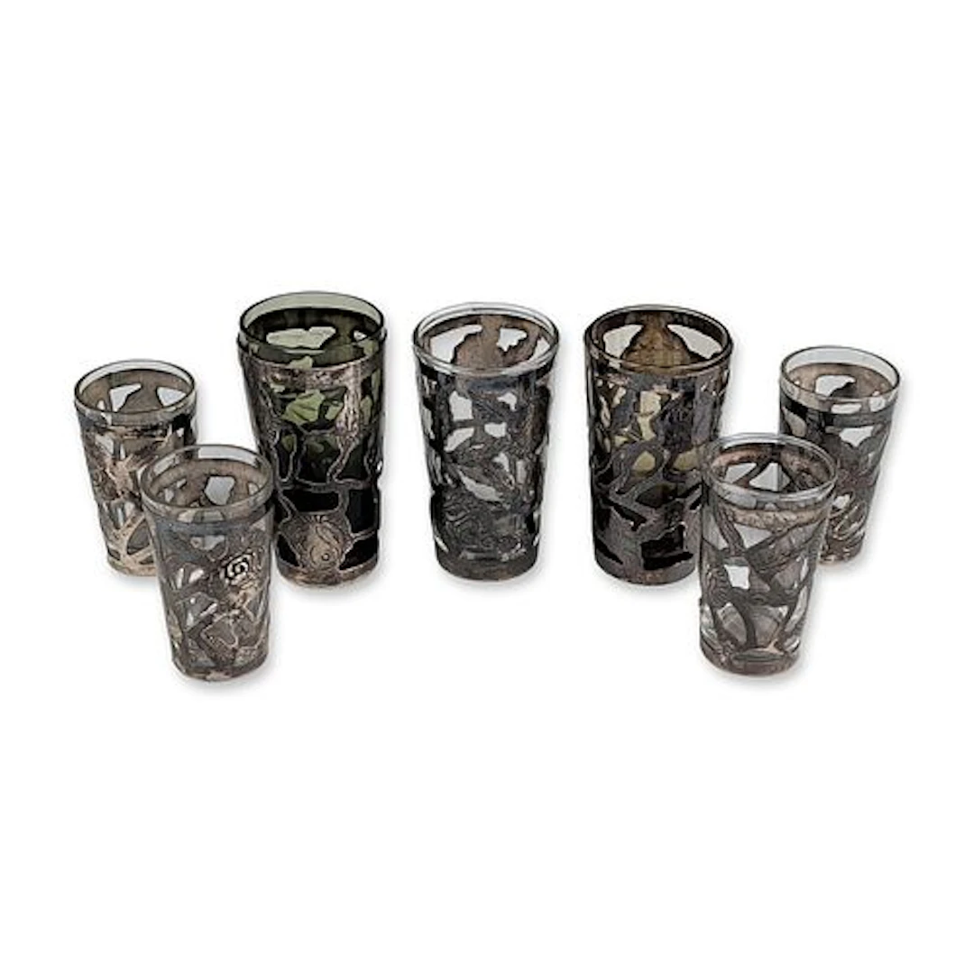 7pc Mexican Sterling Silver Overlay Glass Barware Set