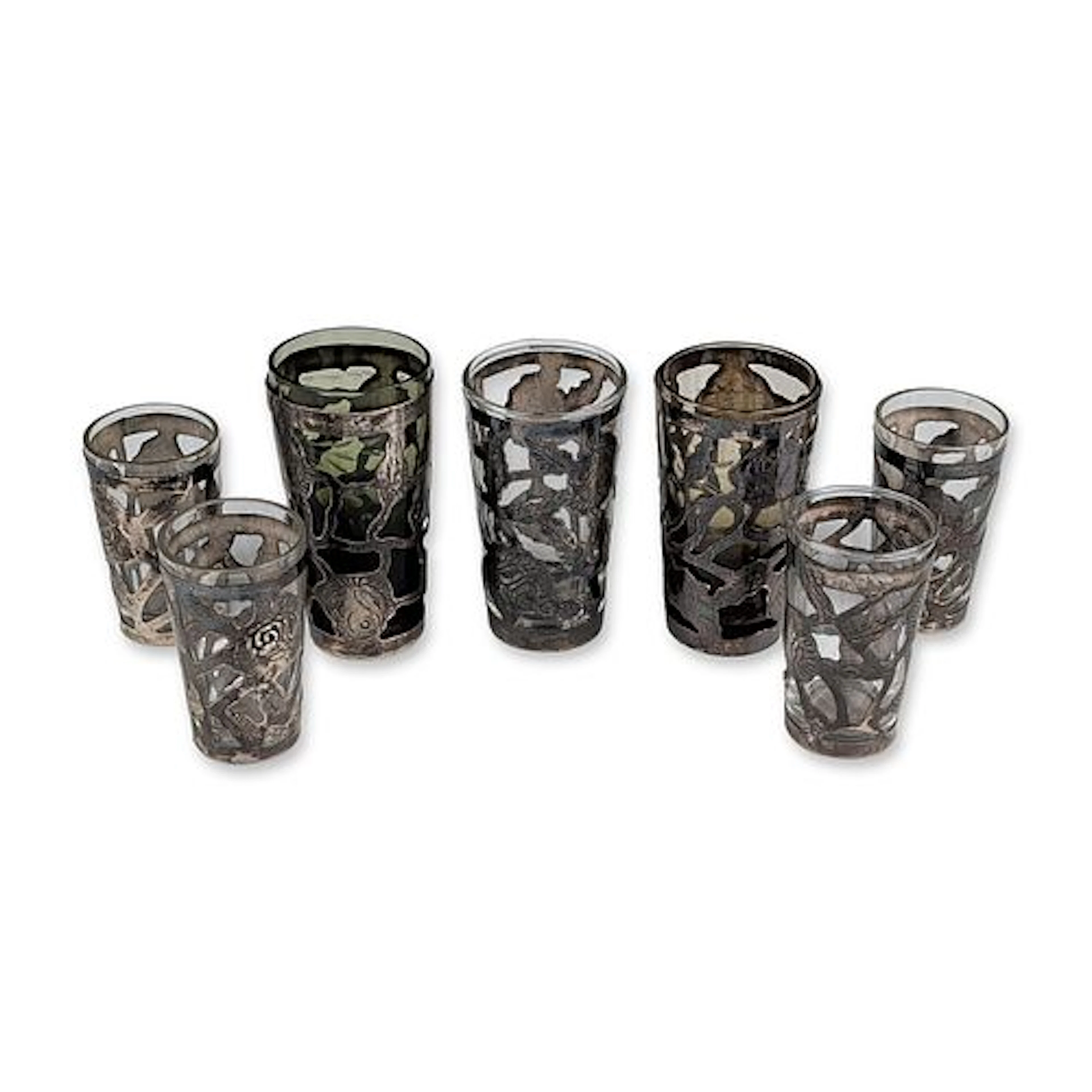 7pc Mexican Sterling Silver Overlay Glass Barware Set