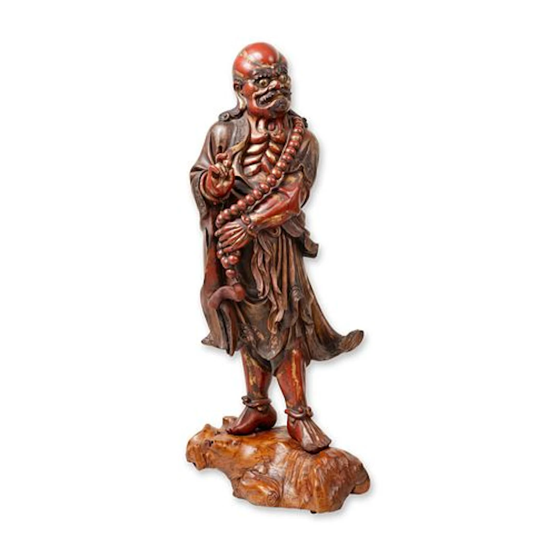 2pc Chinese Qing Dynasty Wood Carved Lacquer Lohan Sculpture on Burl Wood Base