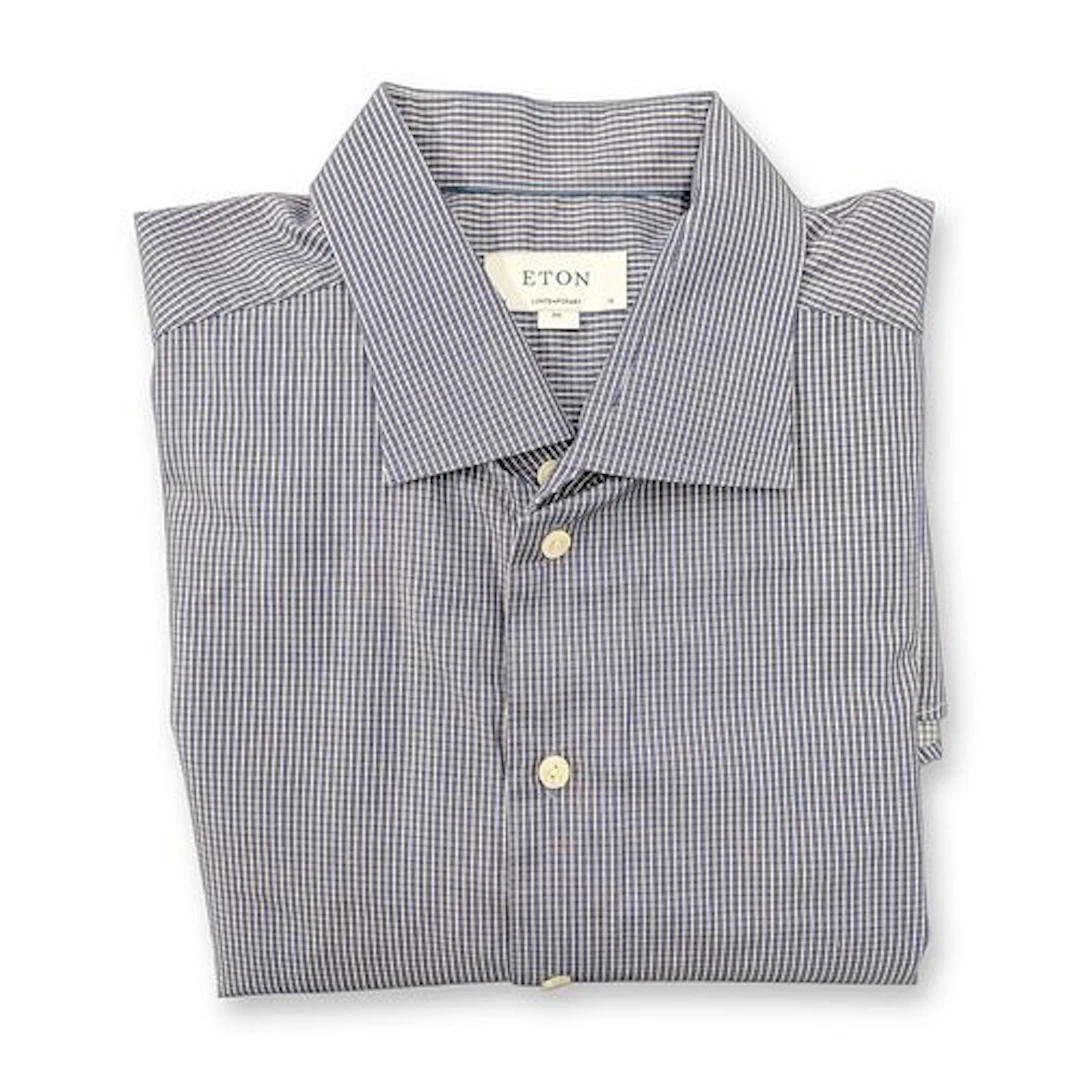 Eton Contemporary Fit Blue Micro-Check Dress Shirt
