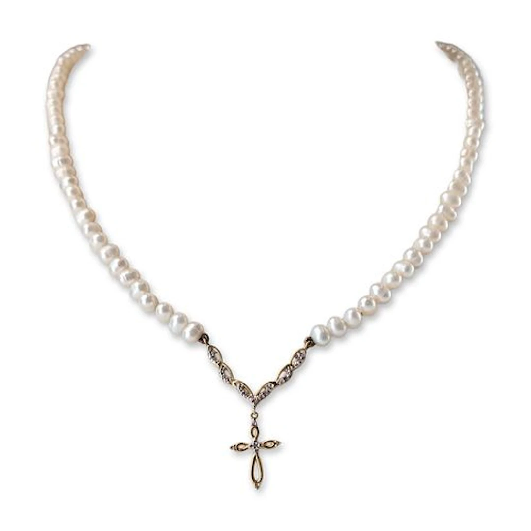 Danbury Mint Pearl and Gold-Plated Diamond Cross Necklace
