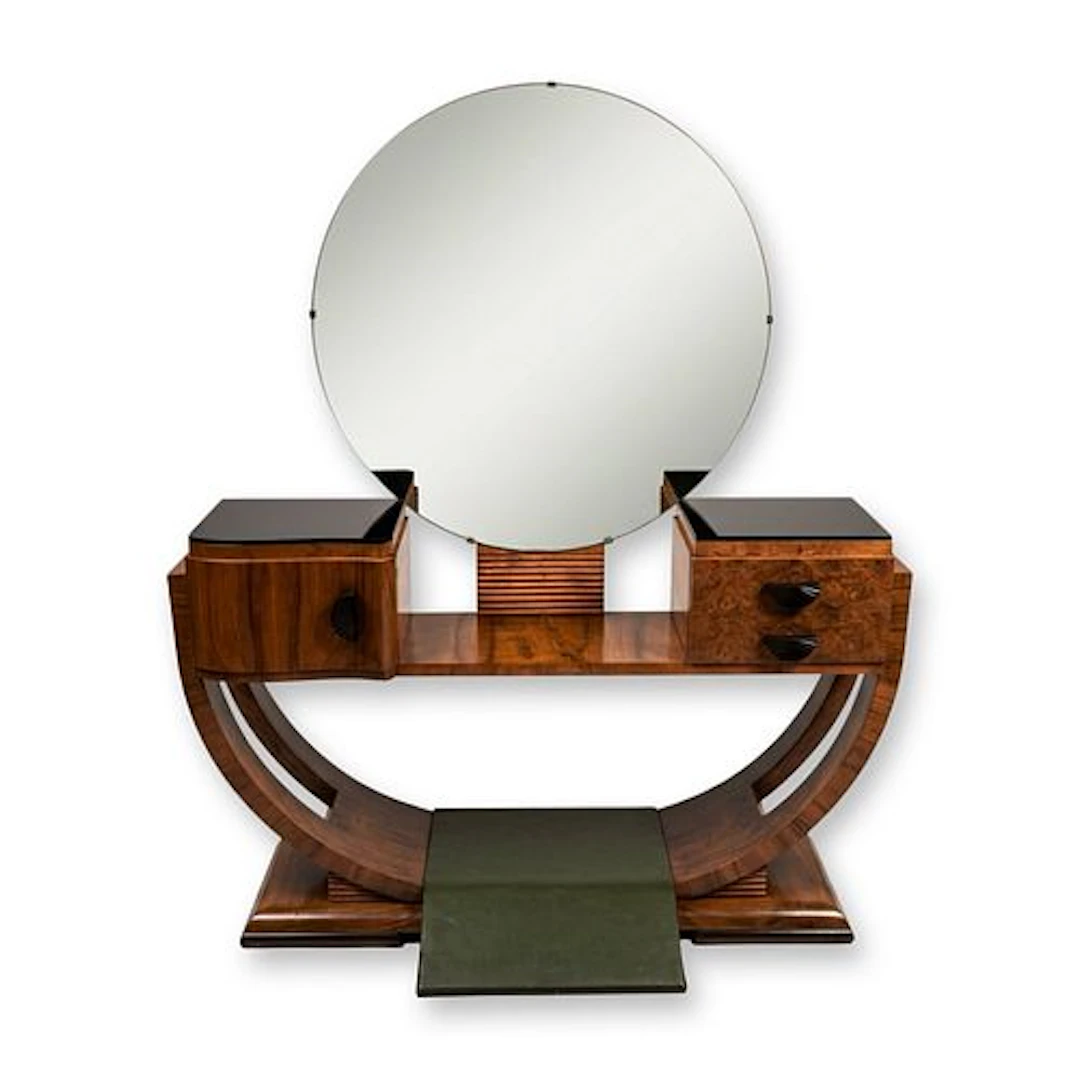 Art Deco Burr Walnut Dressing Table/ Vanity with Circular Mirror