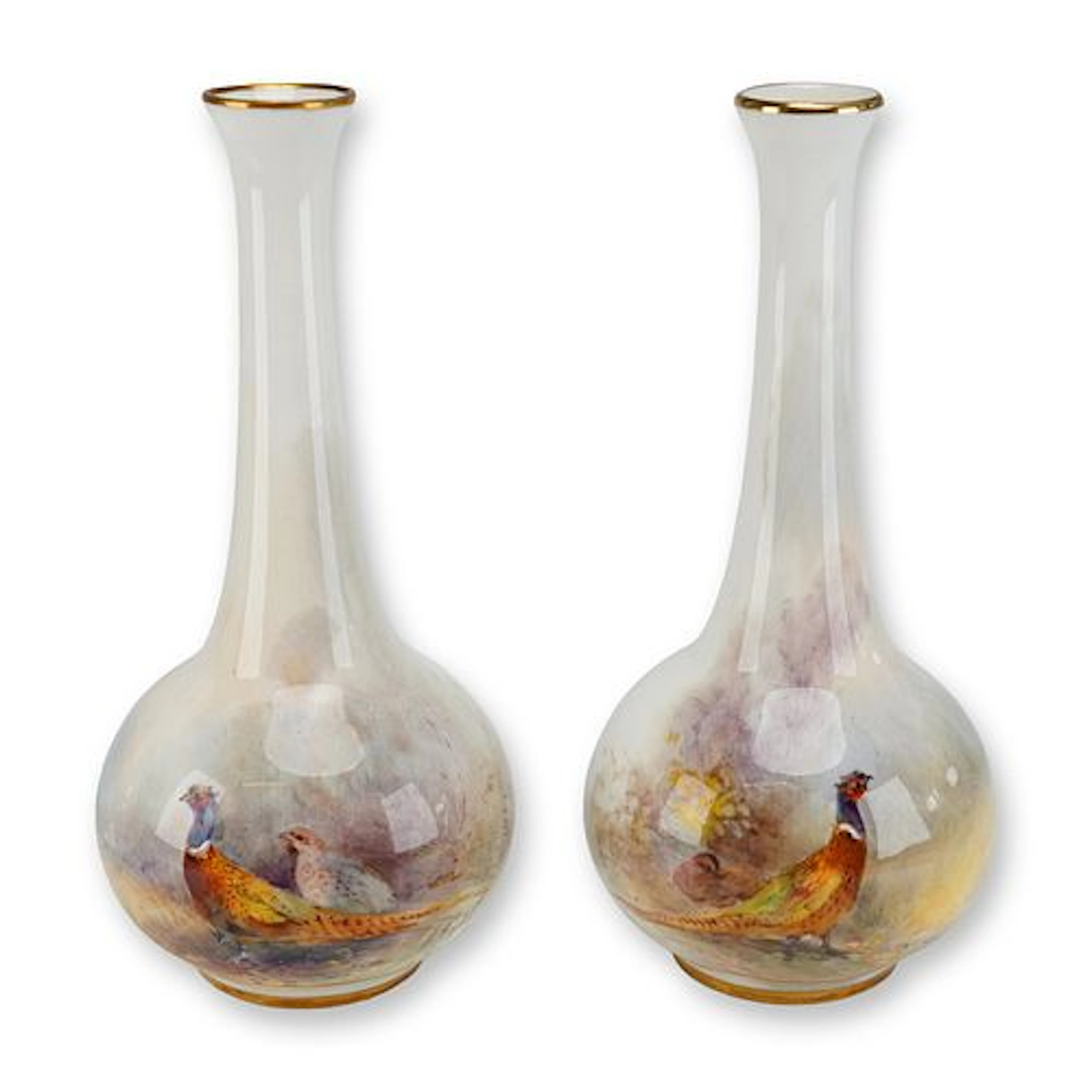 Pair of Royal Worcester by James Stinton Bone China Cabinet Vase, Pheasants