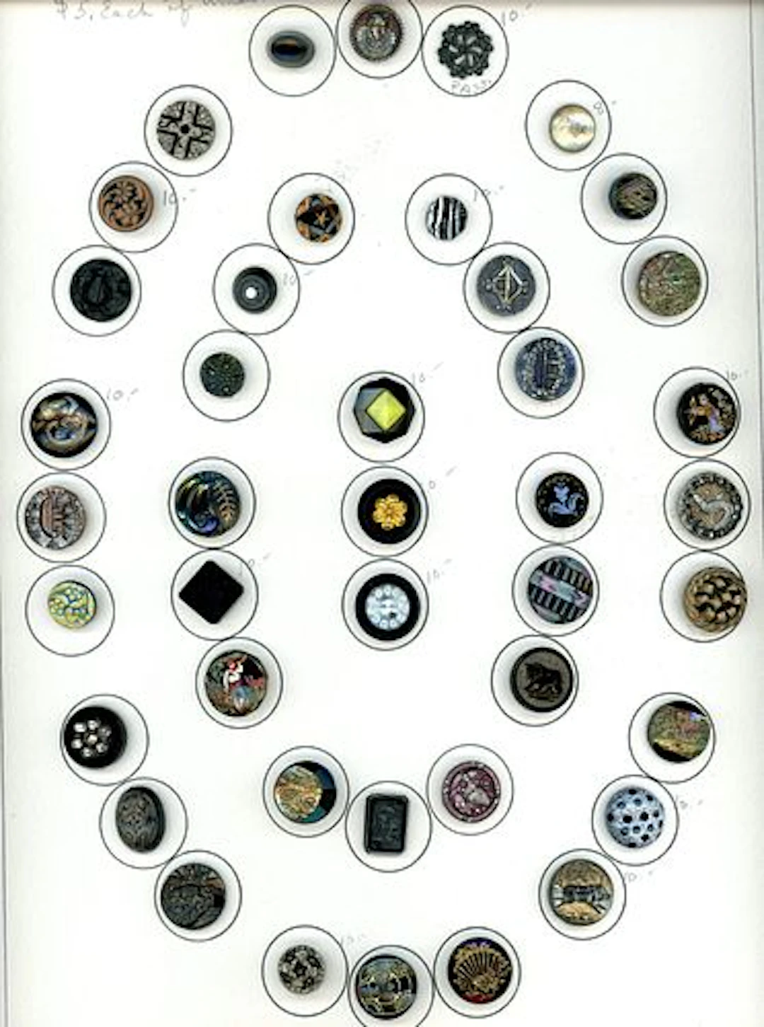 A CARD OF DIVISION ONE AND THREE BLACK GLASS BUTTONS