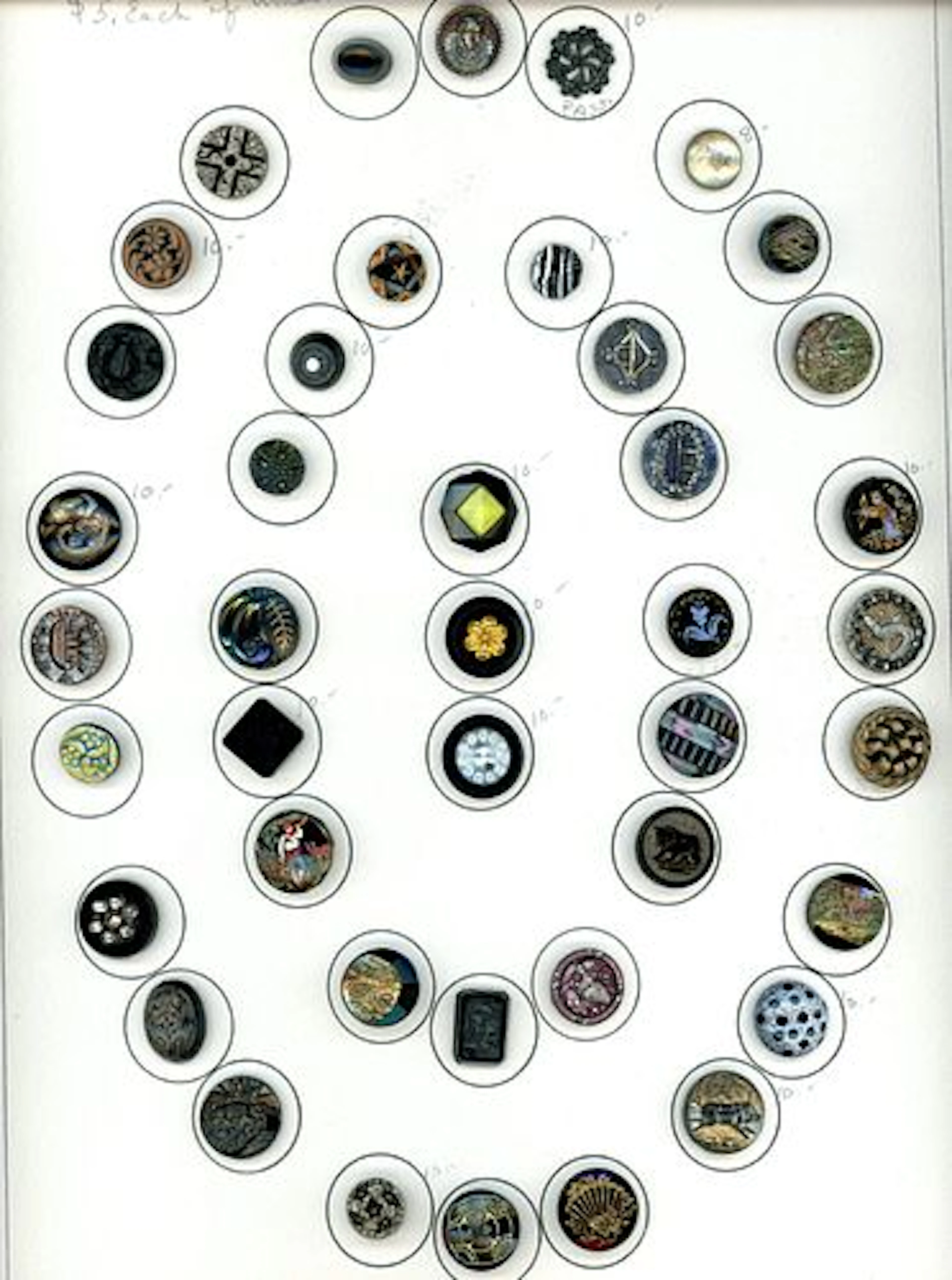 A CARD OF DIVISION ONE AND THREE BLACK GLASS BUTTONS