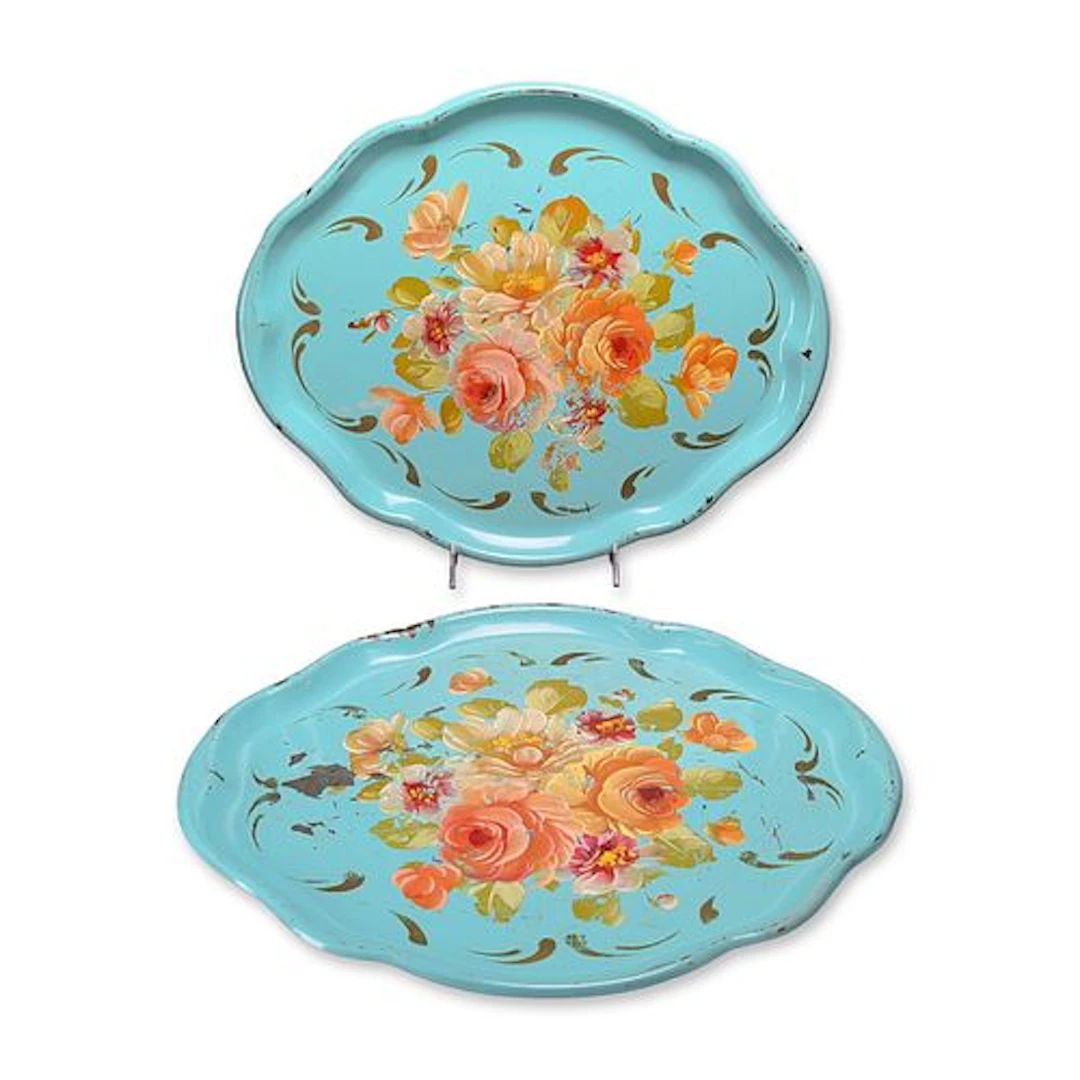 2pc Mid-Century Toleware Hand Painted Floral Trays