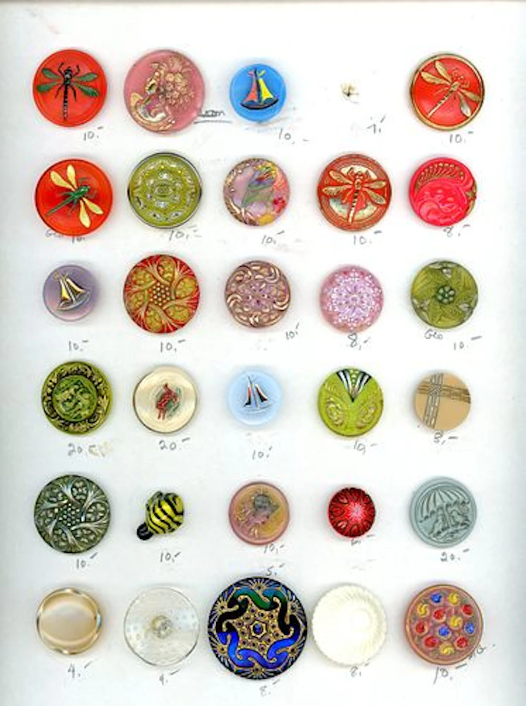 A CARD OF DIVISION THREE CZECH GLASS BUTTONS