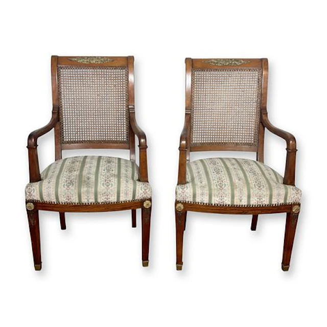 Pair of French Ormolu-Mounted Empire Style Armchairs, Late 19th Century