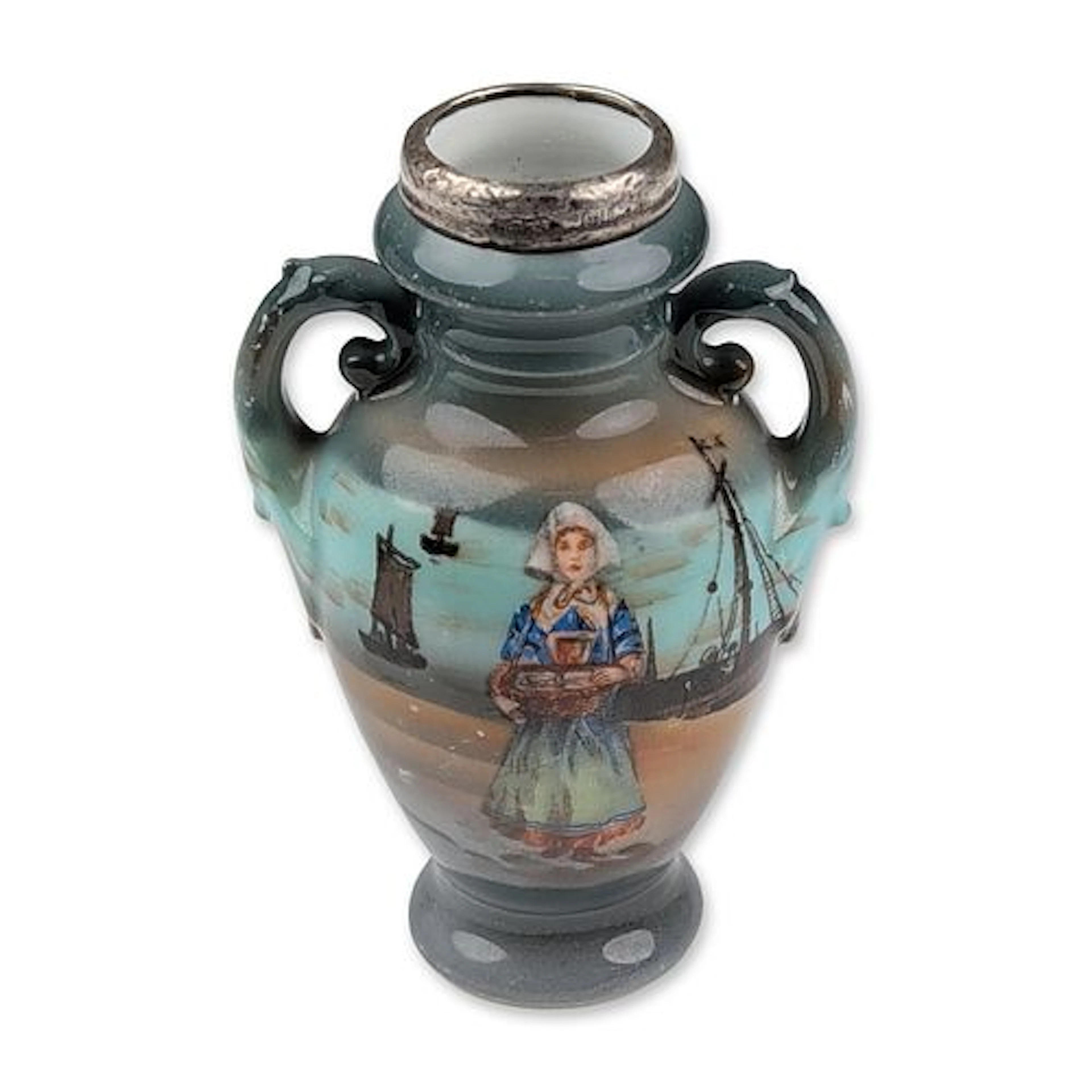 Royal Bayreuth Miniature Porcelain Dutch Scene Handled Vase with Silver Rim