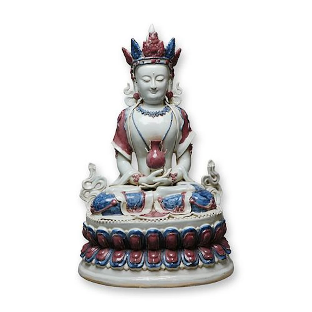 Porcelain Guanyin Red and Blue Glaze Sculpture