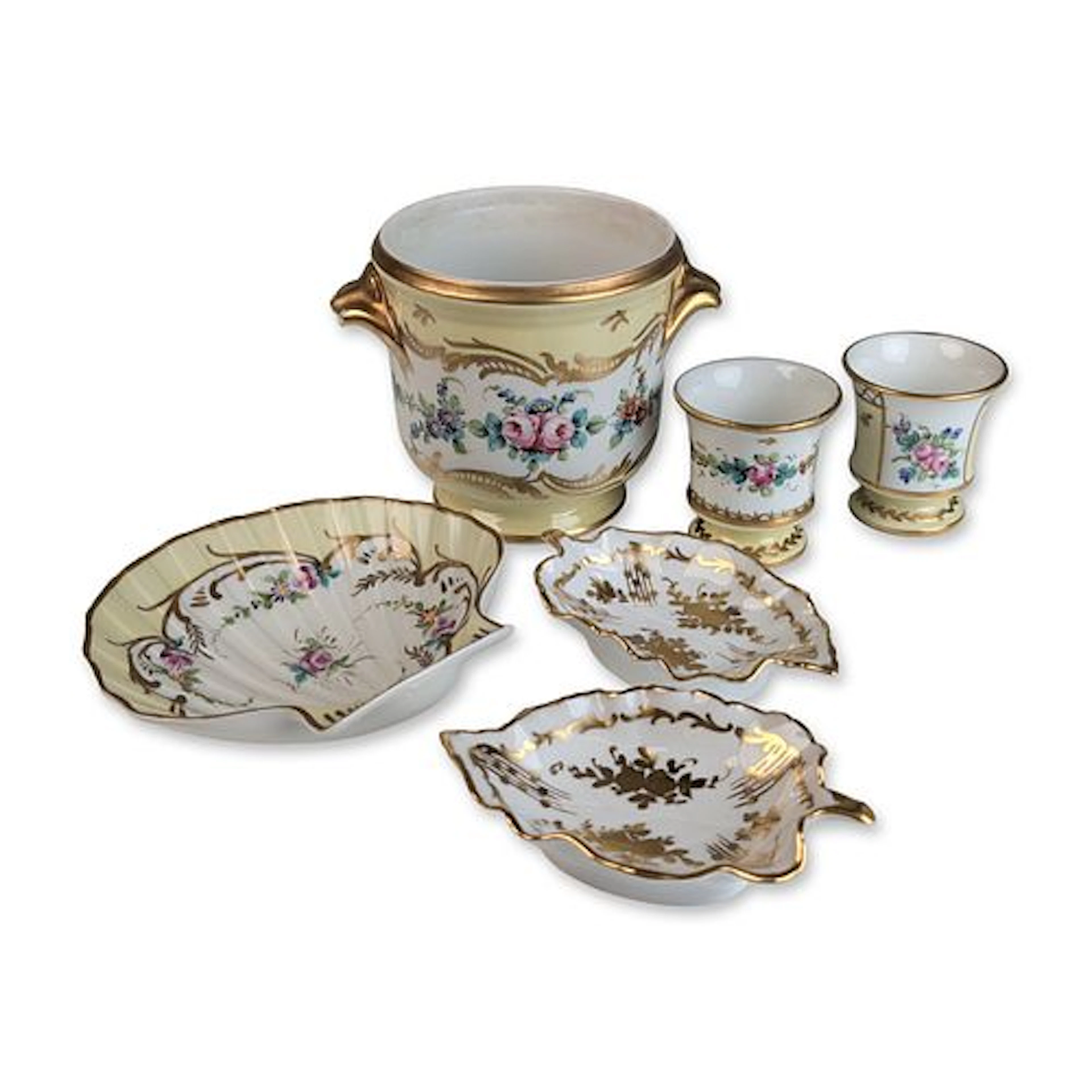 6pc Limoges France Hand Painted Floral Porcelain Cups, Dishes, Cachepot