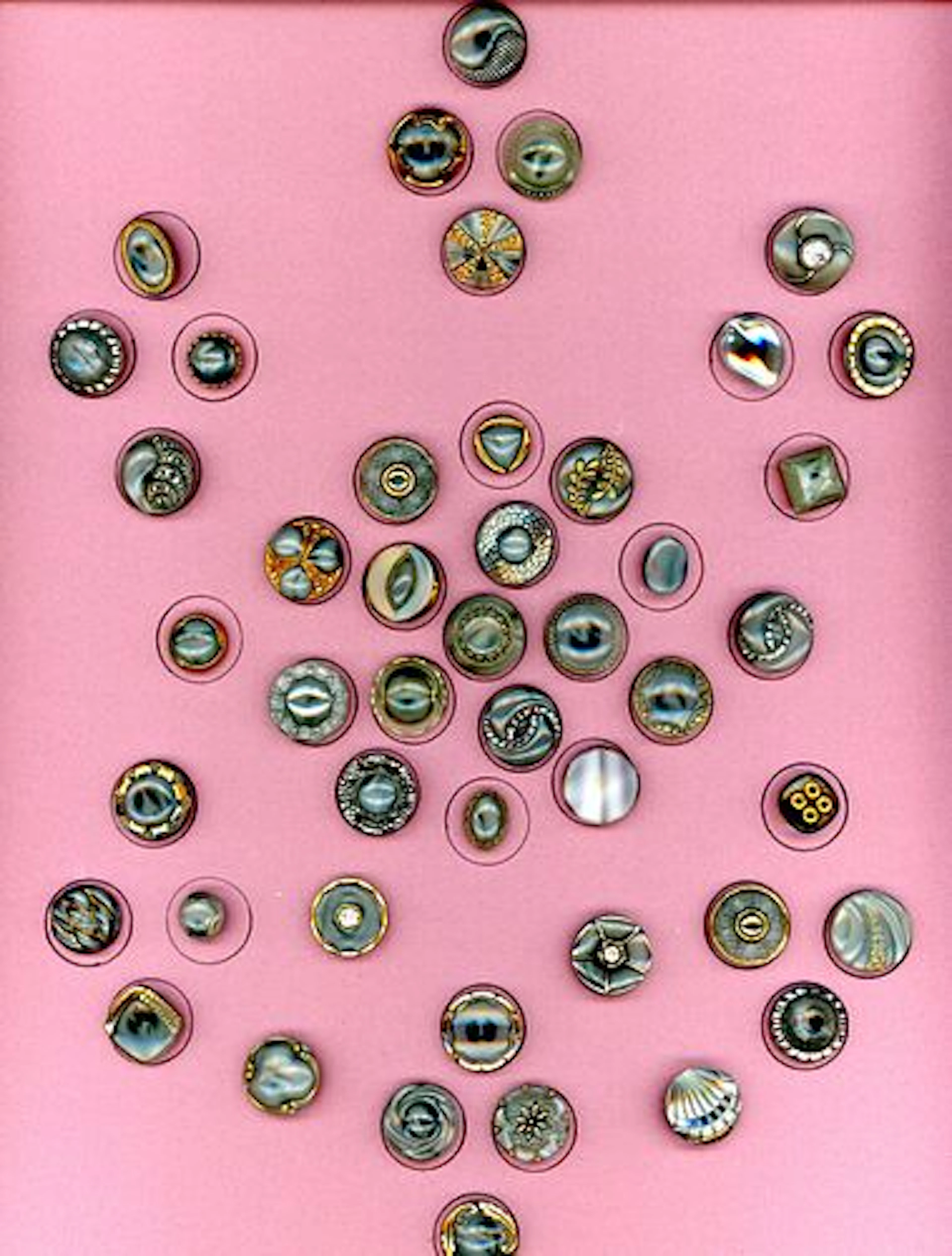 A CARD OF DIVISION THREE MOONGLOW GLASS BUTTONS
