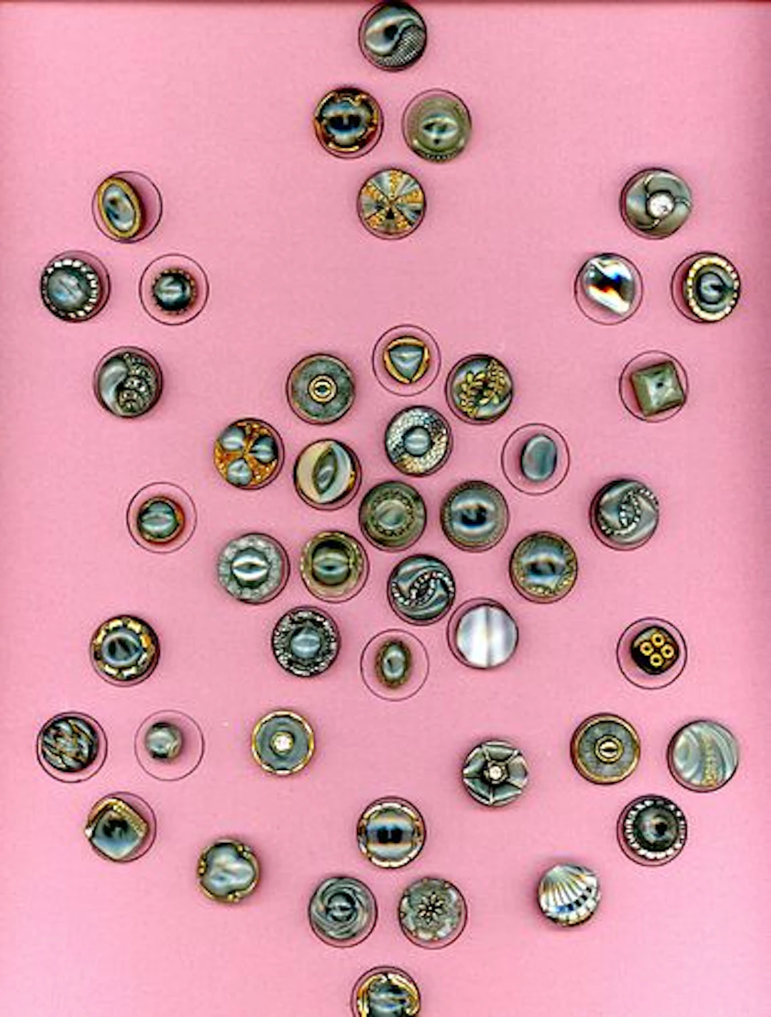 A CARD OF DIVISION THREE MOONGLOW GLASS BUTTONS