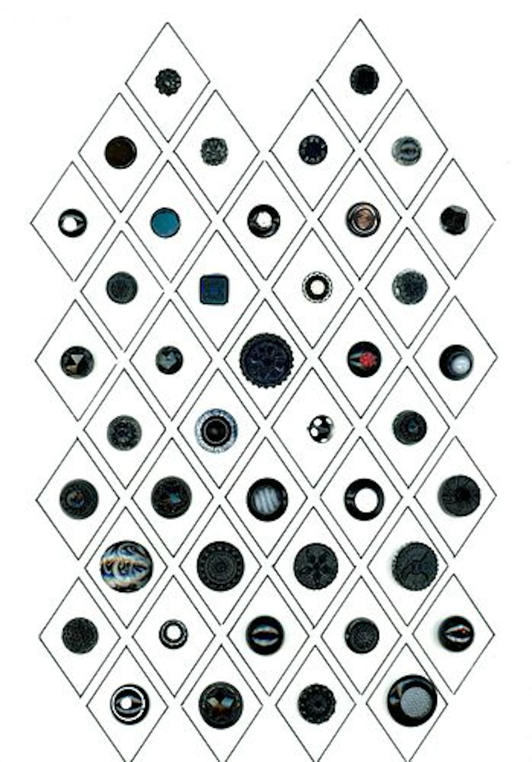 A CARD OF DIVISION ONE ASSORTED BLACK GLASS BUTTONS