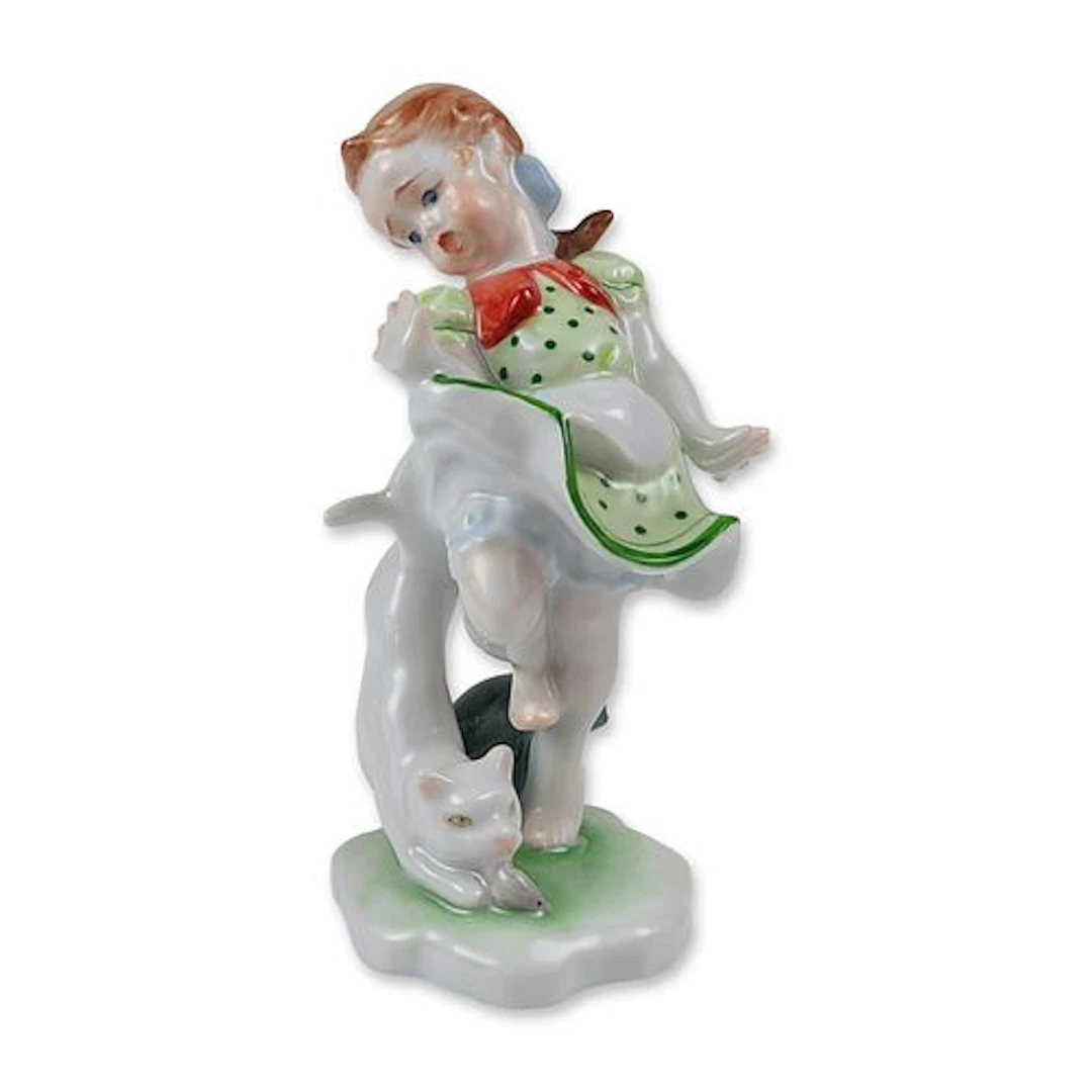 Herend Hungarian Hand-Painted Porcelain Girl and Cat Figurine