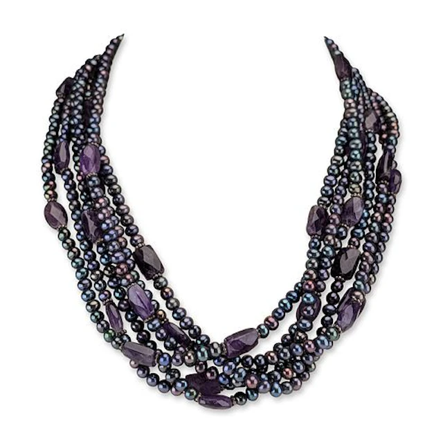 Six-Strand Peacock Freshwater Pearl and Amethyst Necklace