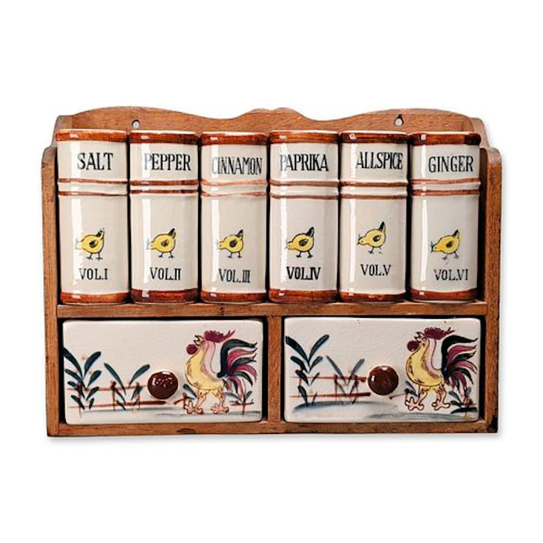 Fred Roberts Company Japanese Ceramic Rooster Motif Spice Rack Set