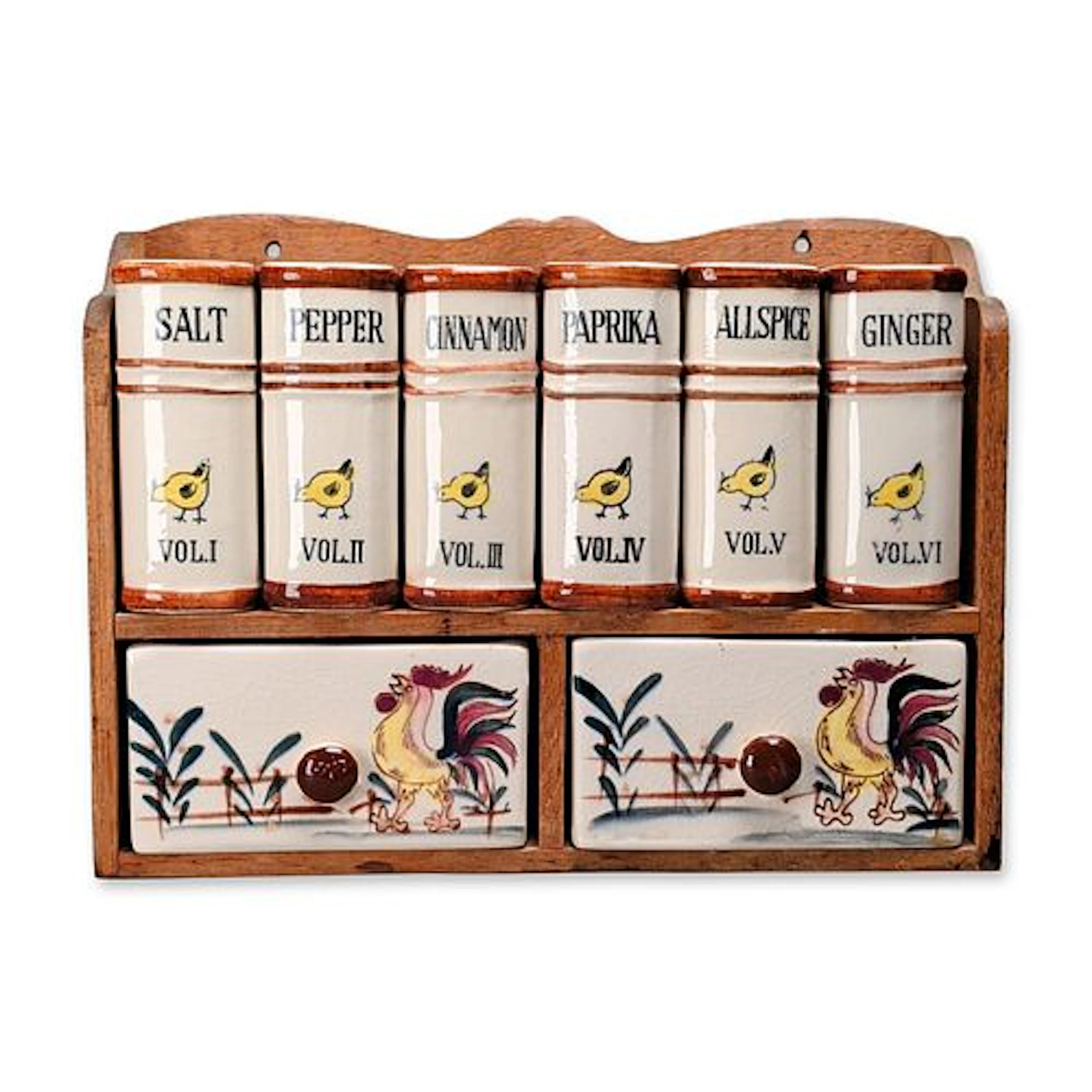 Fred Roberts Company Japanese Ceramic Rooster Motif Spice Rack Set
