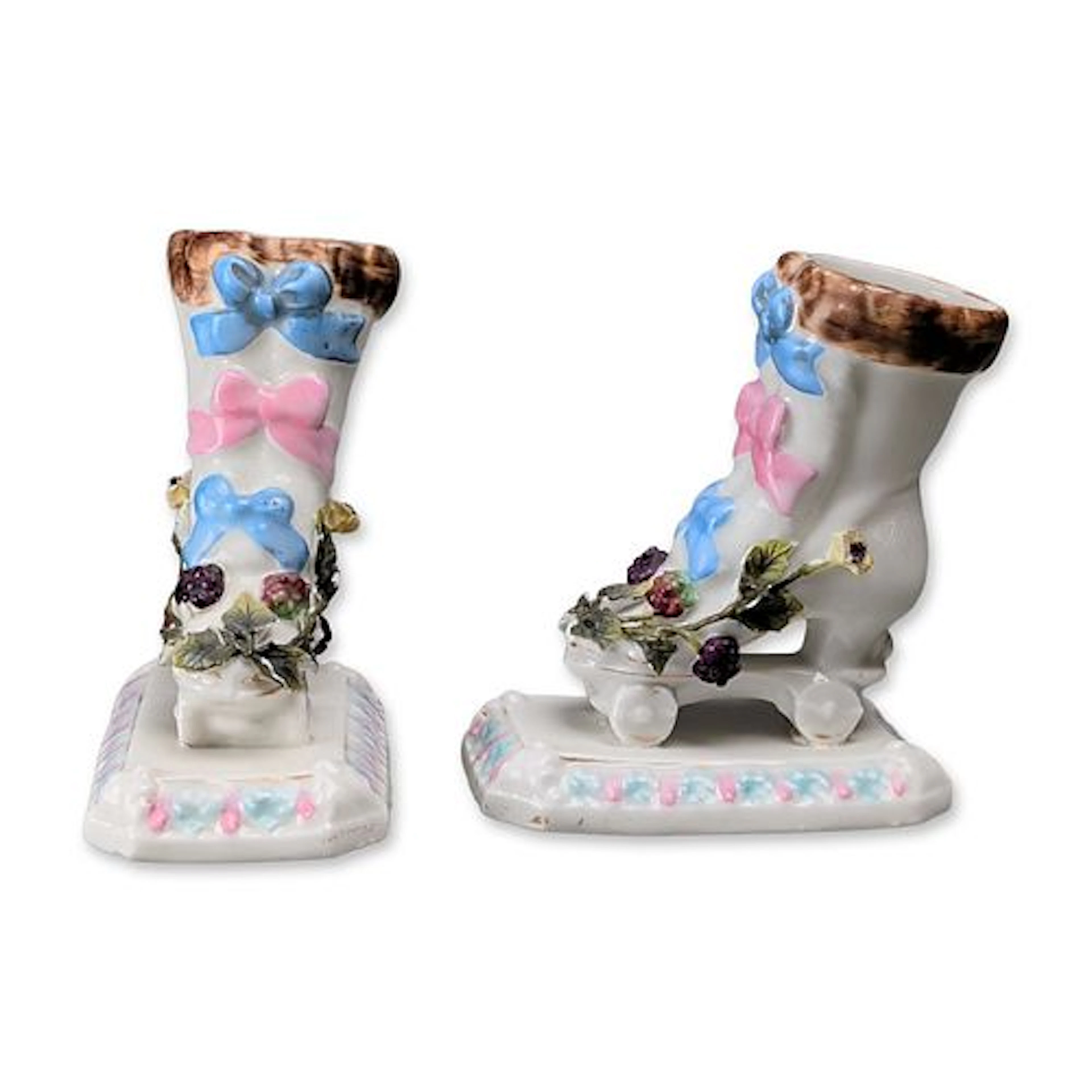 Pair of Victorian Style Applied Floral Porcelain Boot Figurines