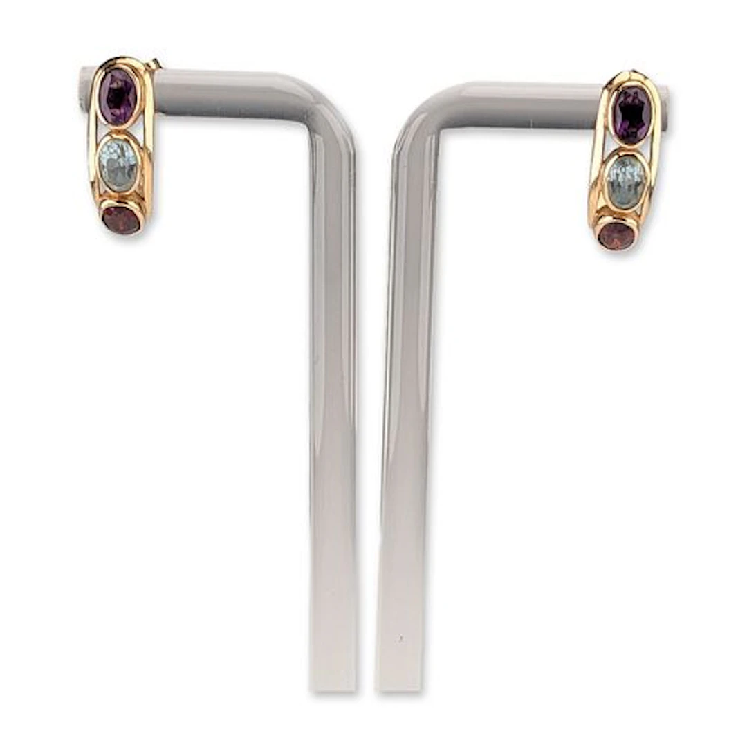 Pair of 14K Yellow Gold Multi-Gemstone J-Hoop Earrings