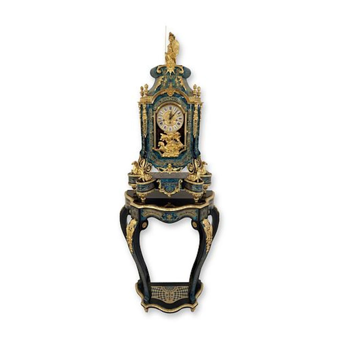 Le Ore Italian Boulle Style Rococo Revival Marbled Pedestal Clock with Stand