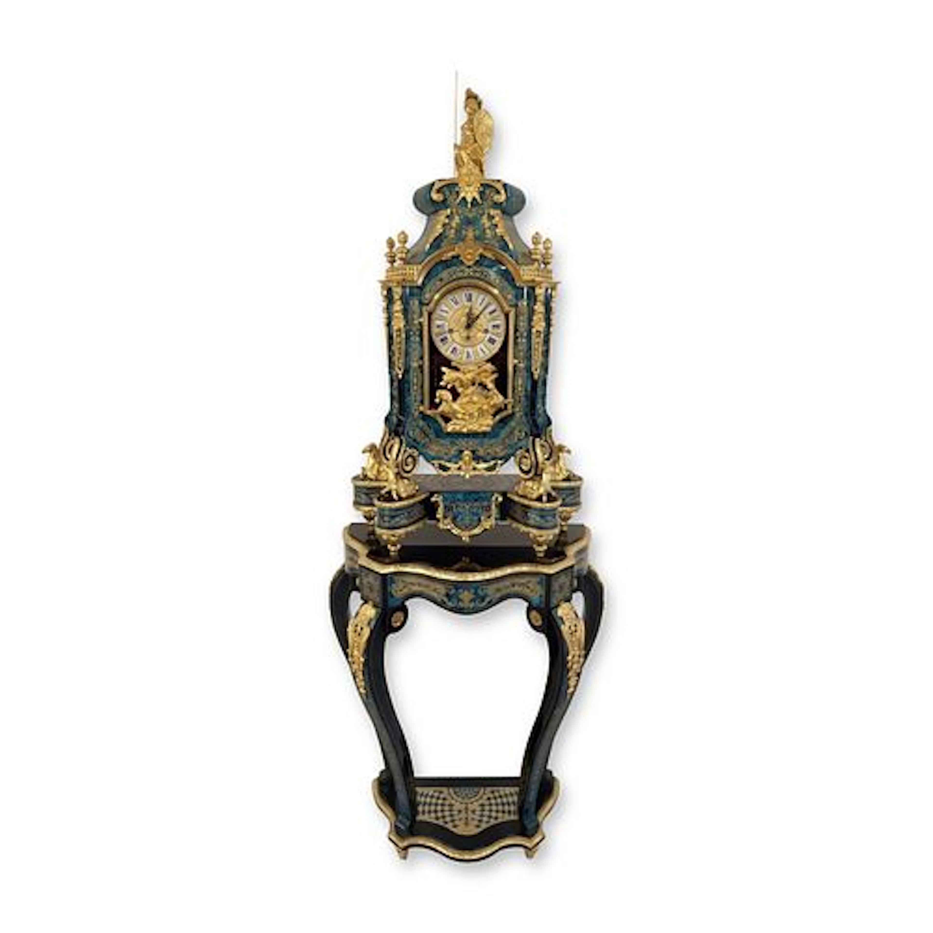 Le Ore Italian Boulle Style Rococo Revival Marbled Pedestal Clock with Stand