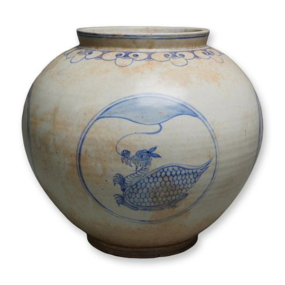 Korean Blue and White Moon Jar, Cranes and Turtles