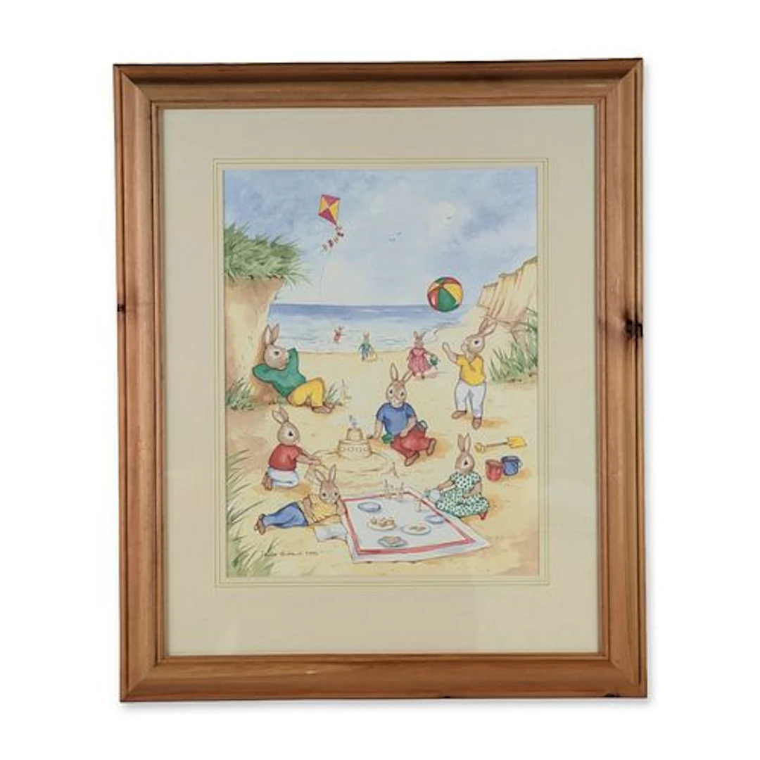 Denise Andrews 1994 Framed Original Watercolor Bunnykins Painting, The Beach