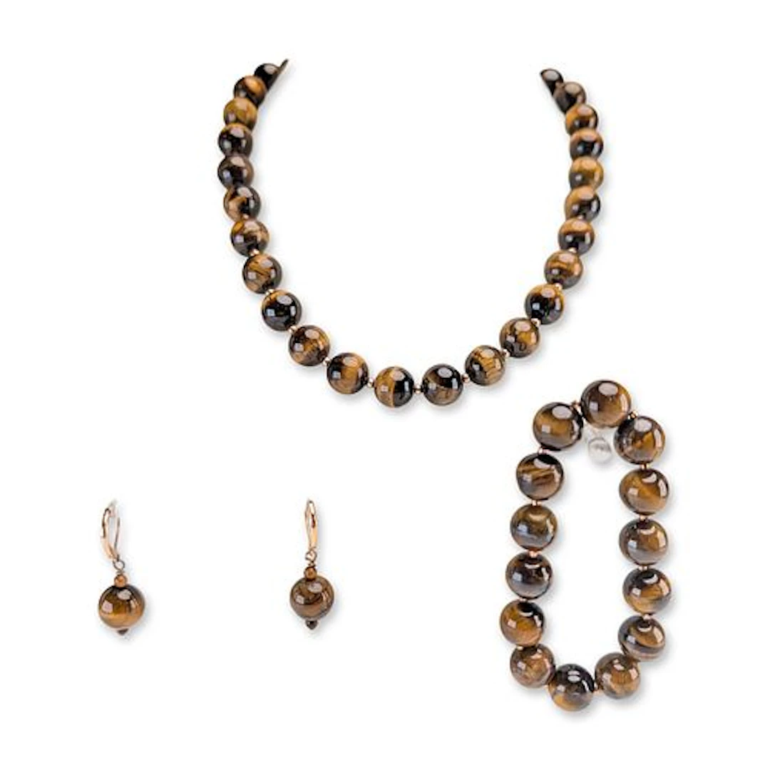 3pc Tiger's Eye and Rose Gold-Toned Jewelry Suite